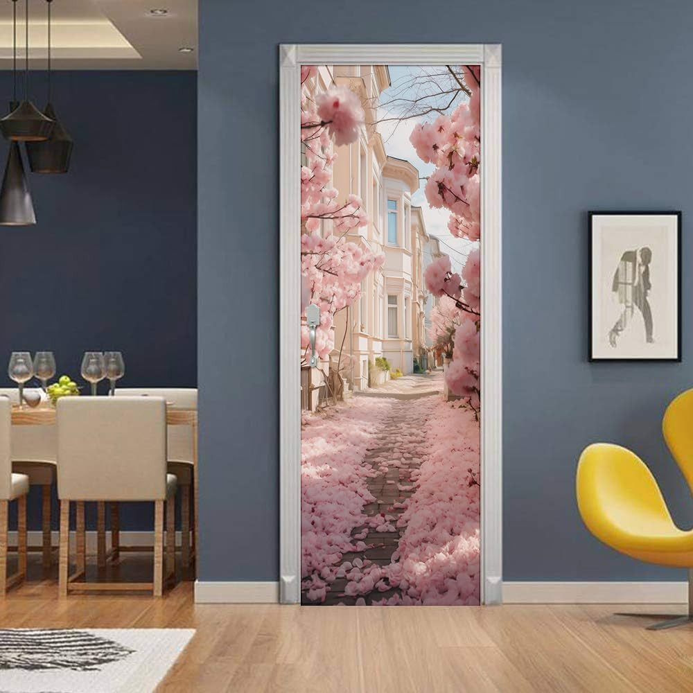 Pink Cherry Flower Blossom Pathway Landscape Peel and Stick Door Stickers Vinyl