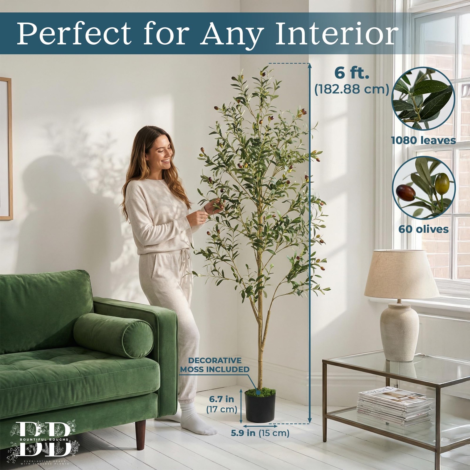 6ft (180 cm) Artificial Olive Tree with Black Plastic Pot & Moss – 1080 Leave…