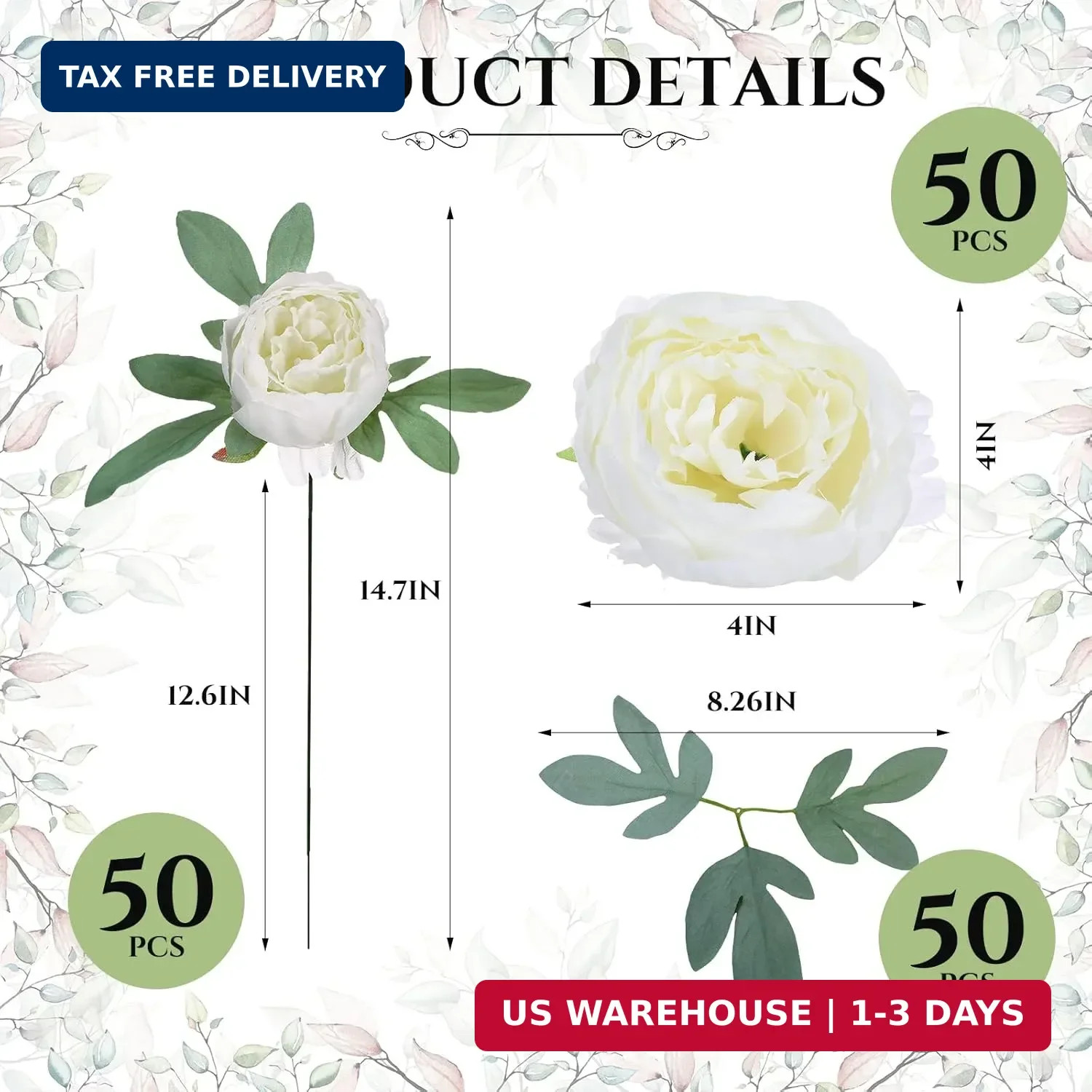 Zeyune 50pcs Artificial Peonies, 4inch White Silk Peony Flowers Heads for Decora