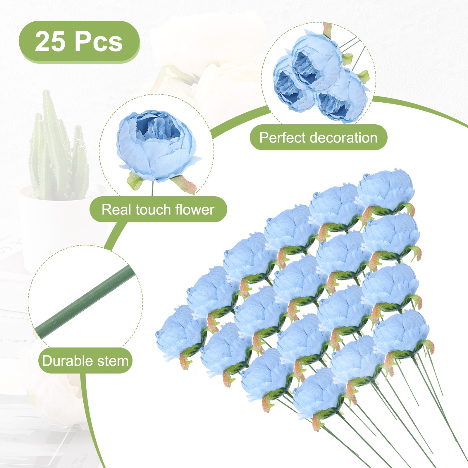 25Pcs Peonies Artificial Flowers Fake Peony Flowers with Stems Sky Blue