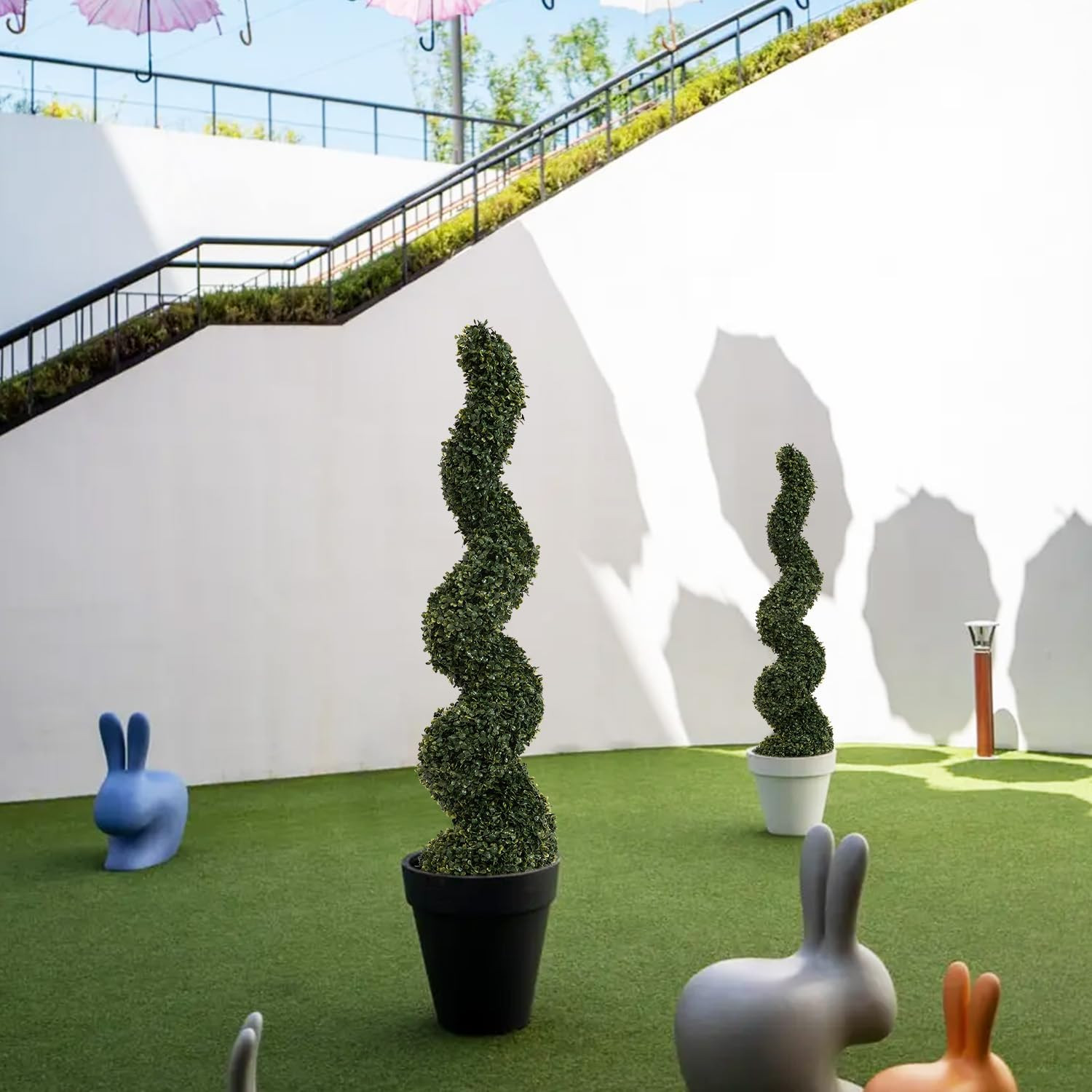 4Ft UV Resistant Spiral Topiary Trees – Set of 2 Faux Boxwood Plants