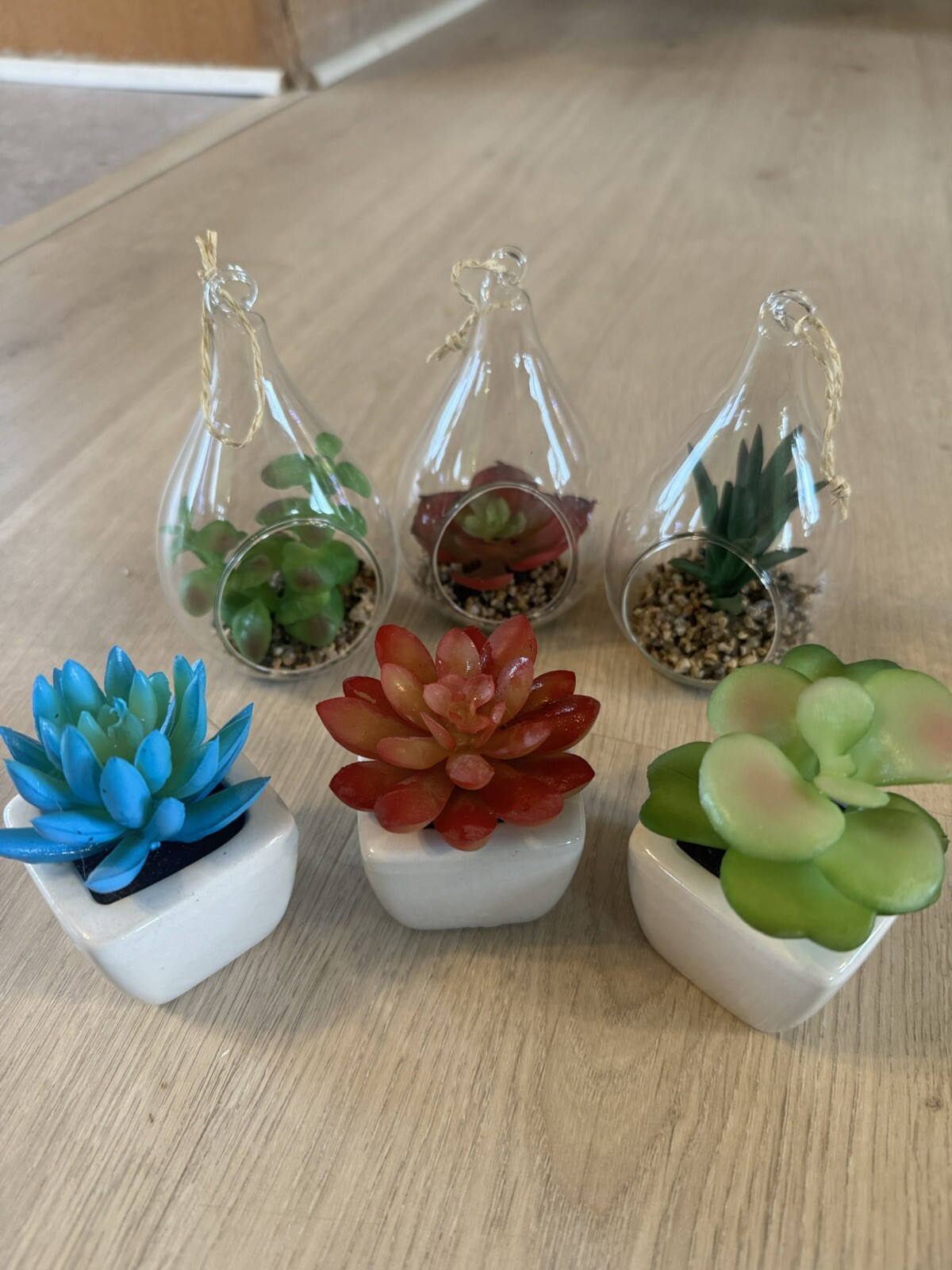Set of 3 Plastic & Porcelain Succulents Green White 3×2 inches And 3 Hanging