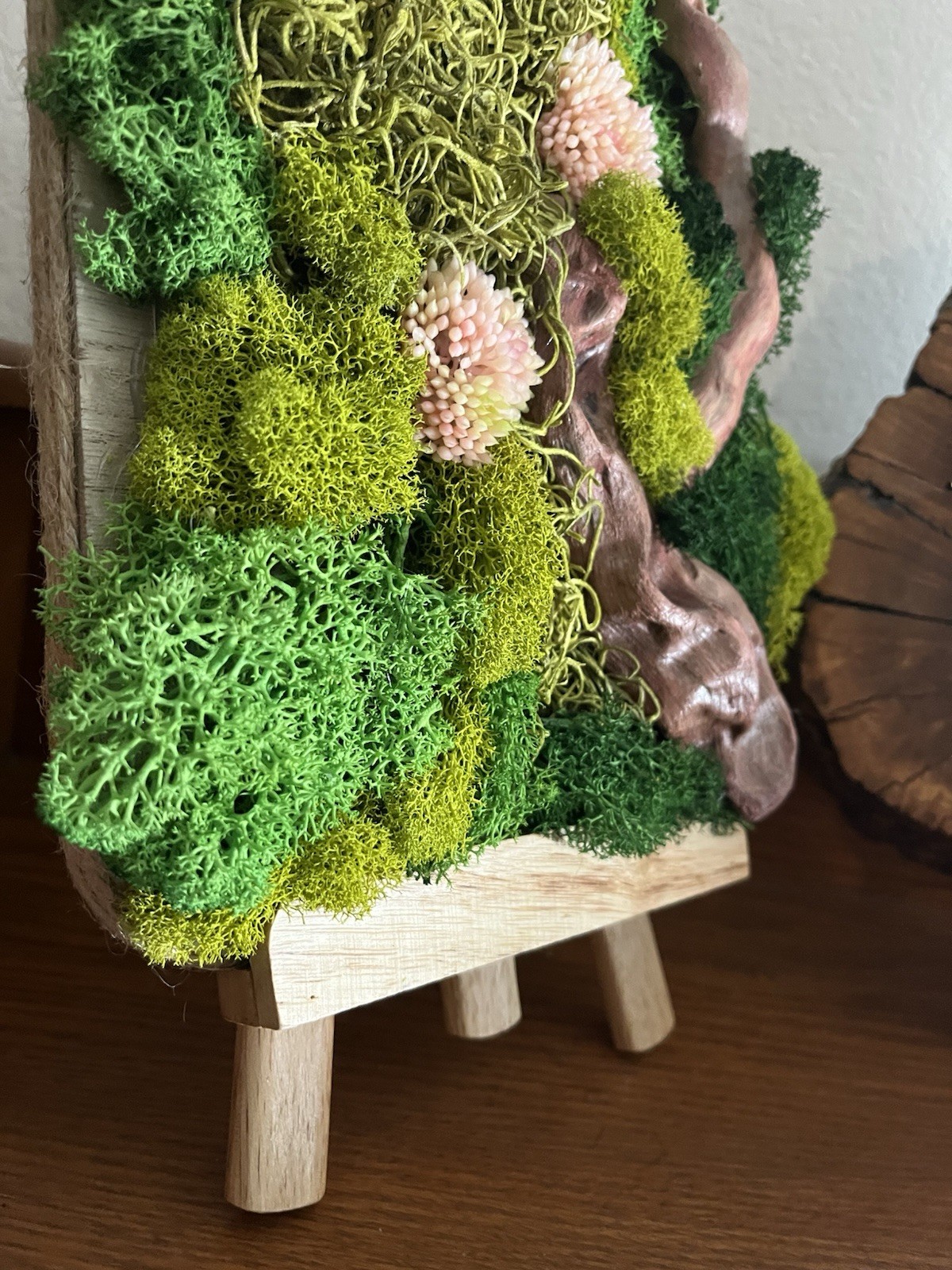 Wood Moss Art Decor w/ Floral Accents LED Lights on Wooden Easel Stand