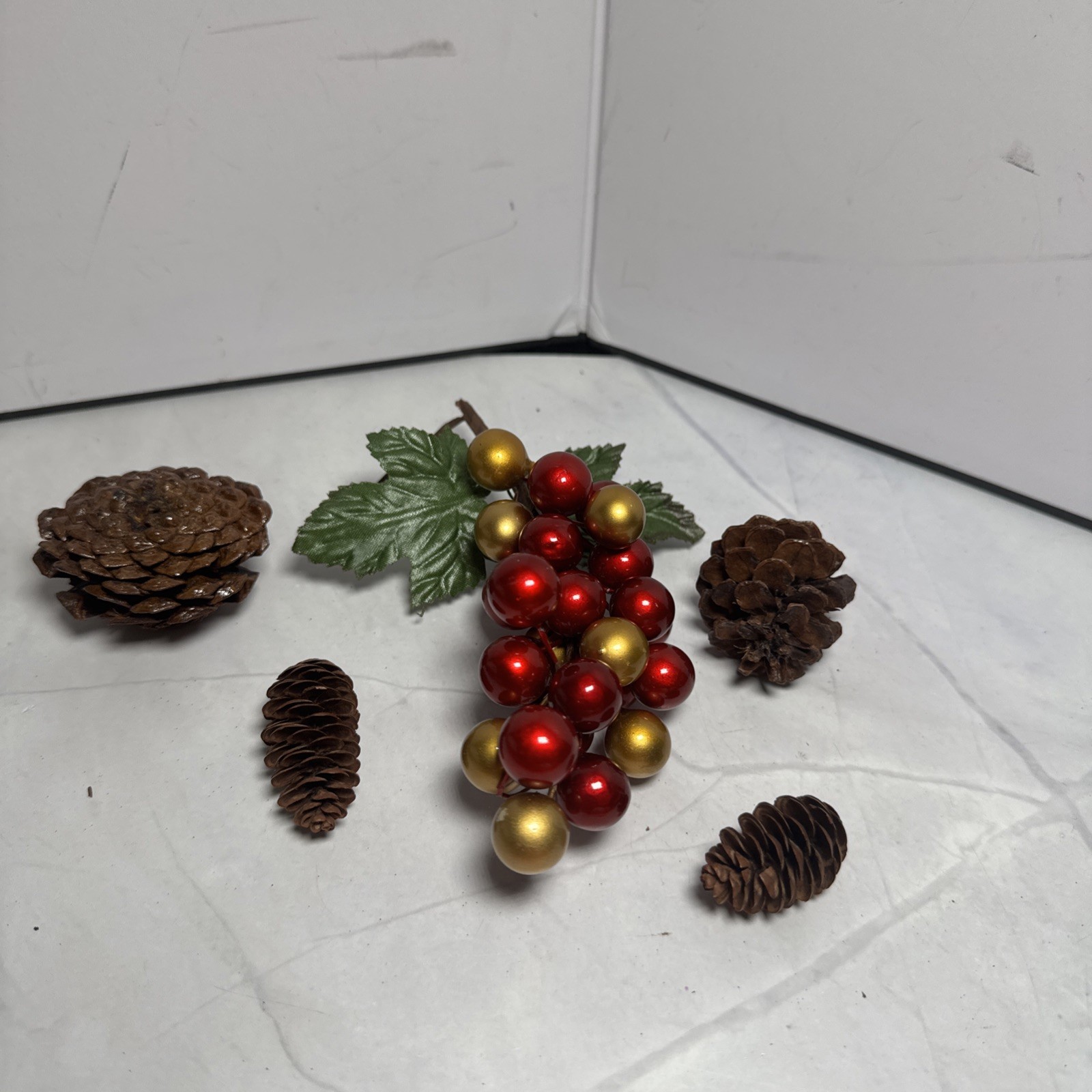 Red And Gold Holly Berry Stem and 4 Pine Cones Individual.