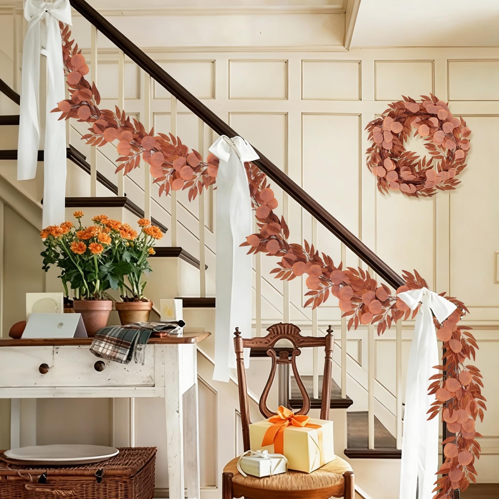 2Pcs 6Ft Artificial Eucalyptus Garland – Silk Orange Leaf Vine for Home, Party,