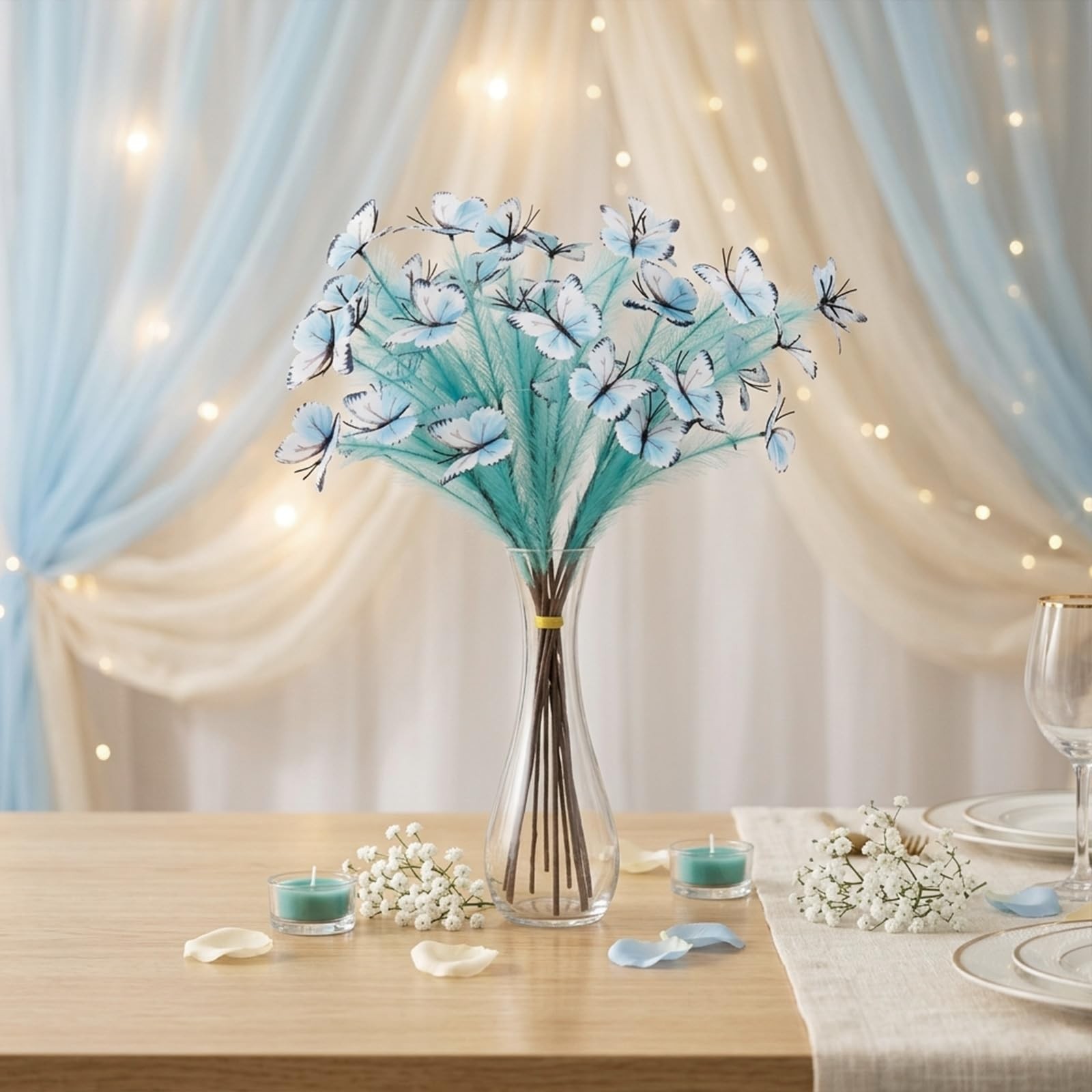 10 Stems Faux Pampas Grass with Butterfly Decorations, Lake Blue Tall Fluffy …