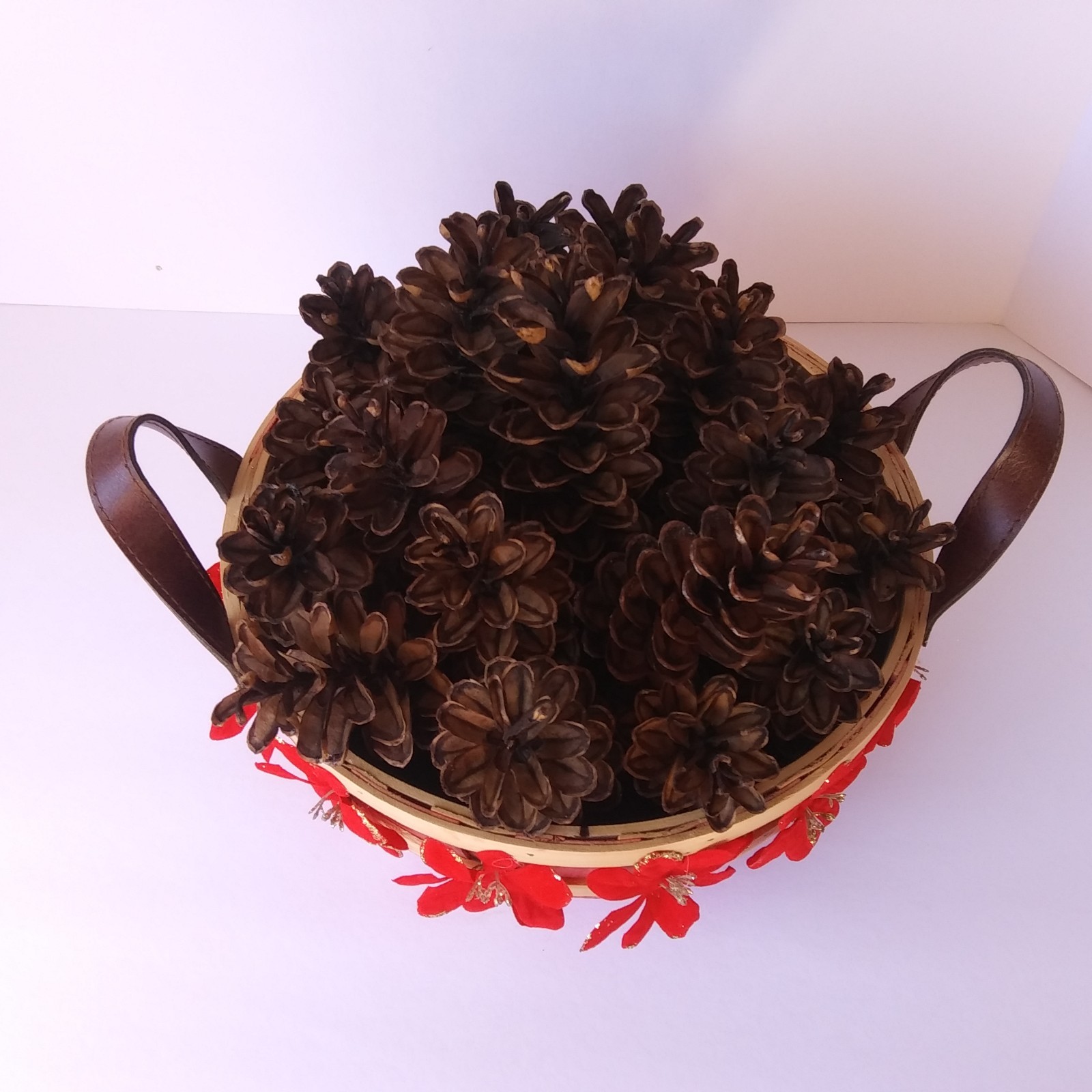 Rustic Pinecone Basket Centerpiece with Red Flowers – Fall or Christmas Décor
