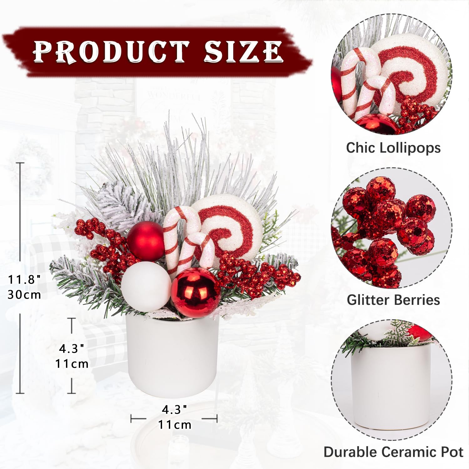 Small Tabletop Artificial Christmas Tree Potted Plant Berries Ornaments 12″
