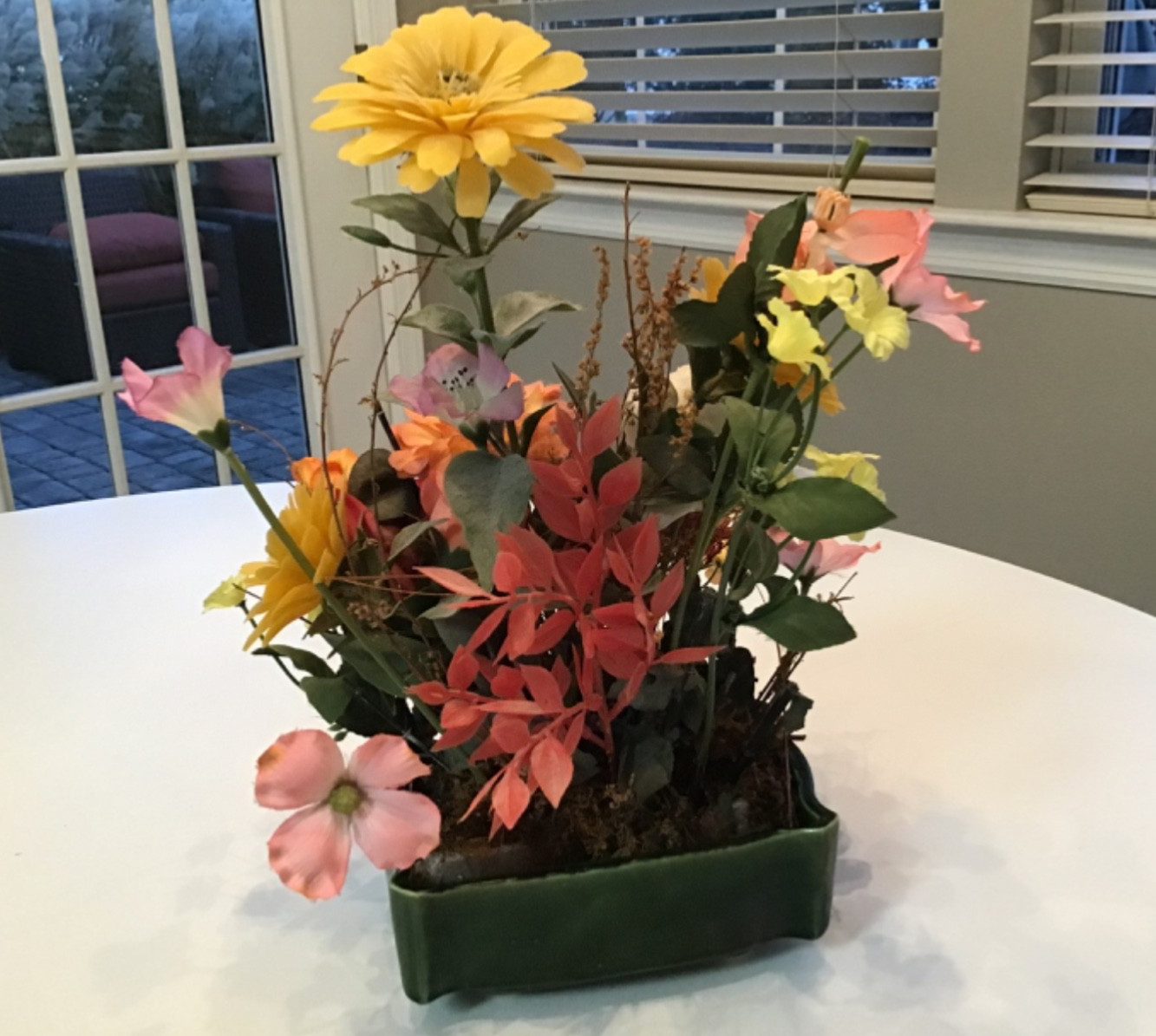 Faux Floral Arrangement in Container, Centerpiece, Home Decor, Peach, Pink