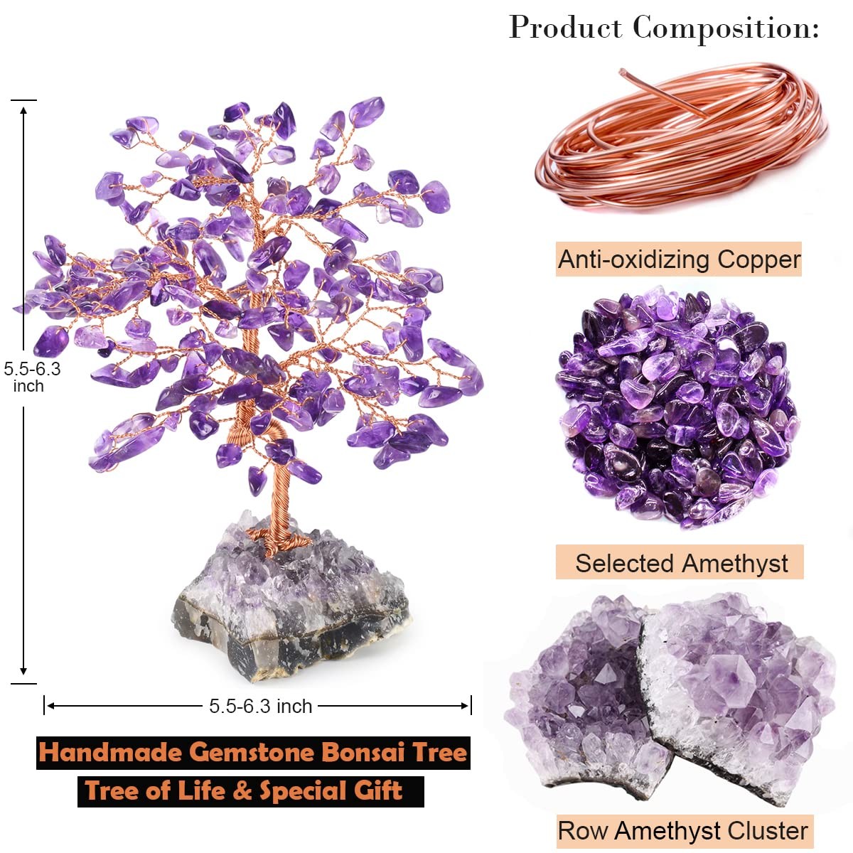 Handmade Chakra Gemstone Crystal Tree of Life,Natural Amethyst with Amethyst Clu