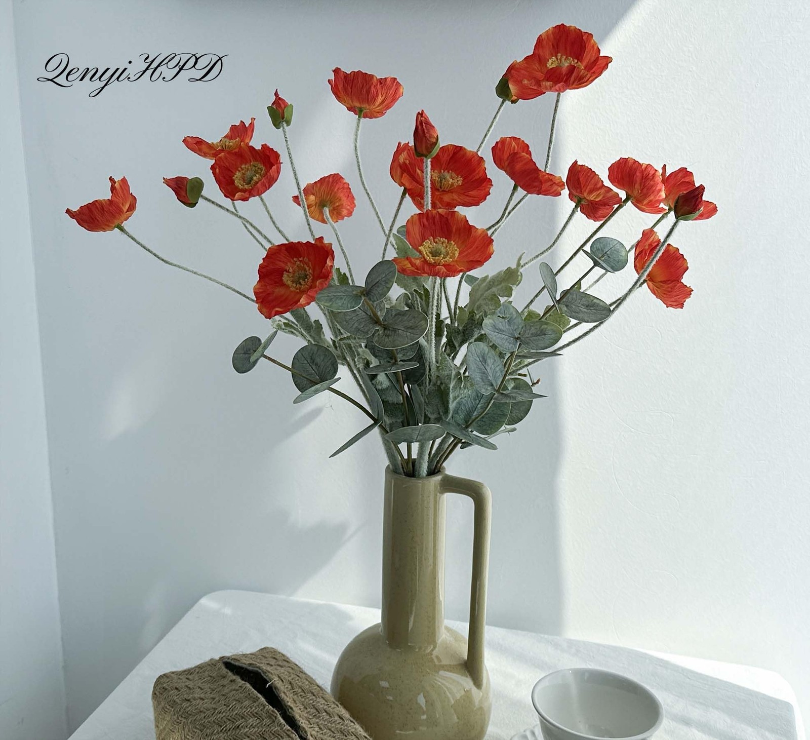 Artificial Poppy Flowers and Eucalyptus Stems for vase, Fake Blush Pink Silk …
