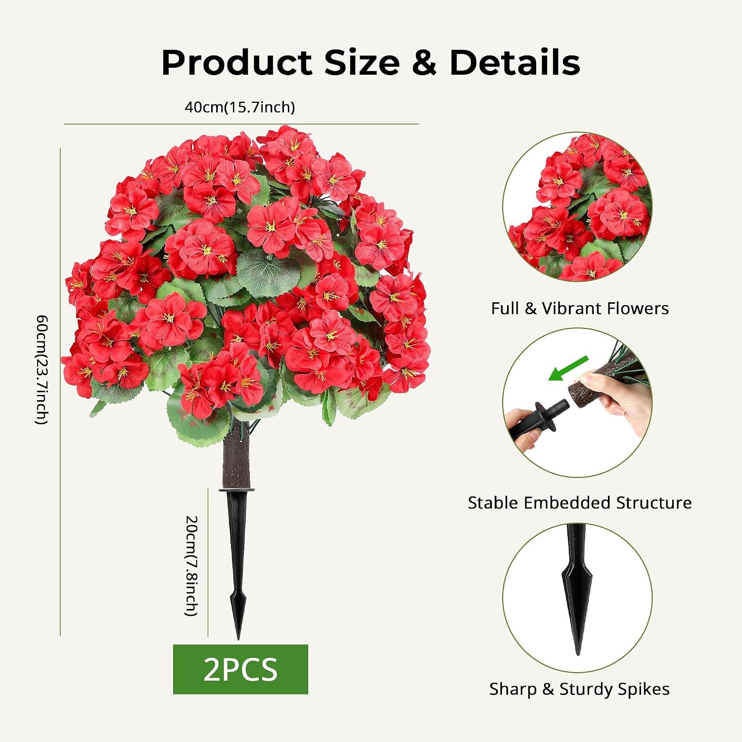 2 Set 24″ Artificial Geraniums with Stakes Outdoor, UV Resistant Artificial