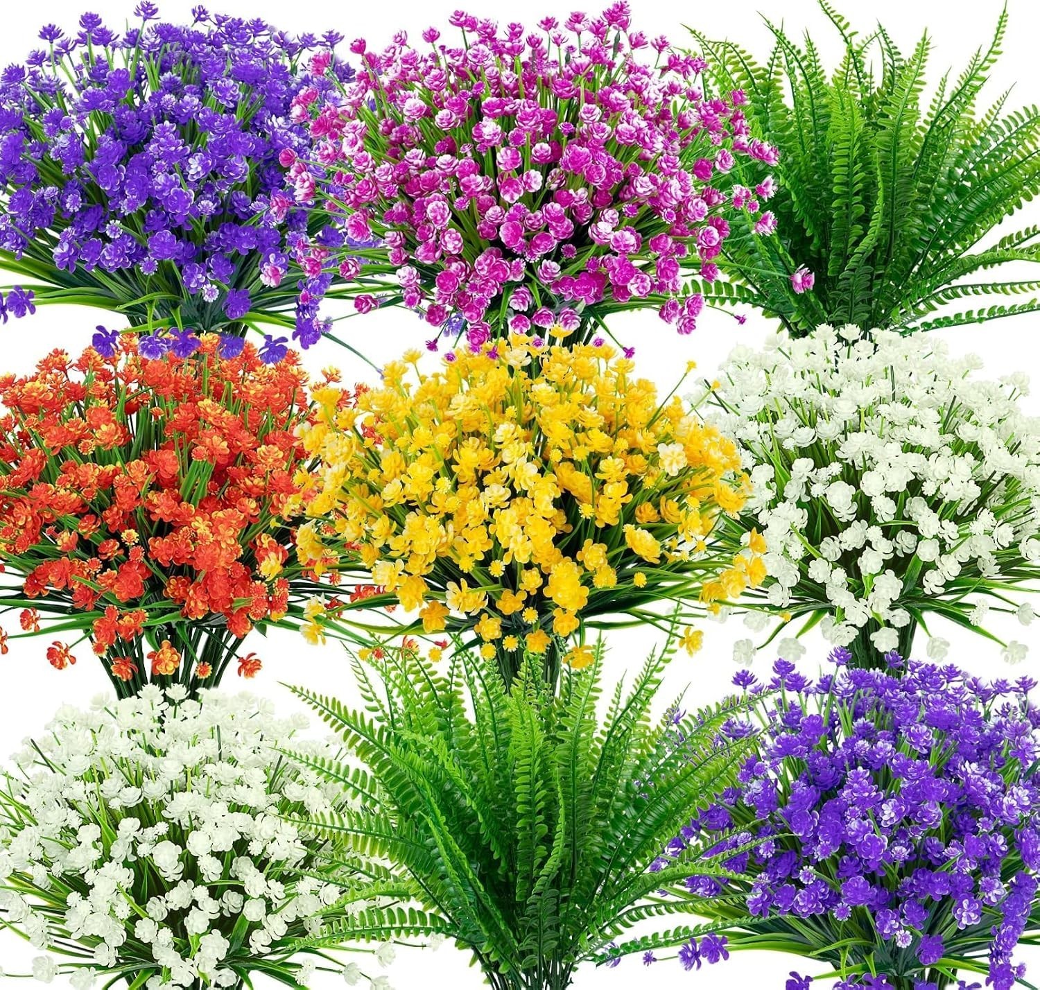 12 Bundles of UV Resistant Mixed Color Artificial Flowers & Boston Ferns Delight