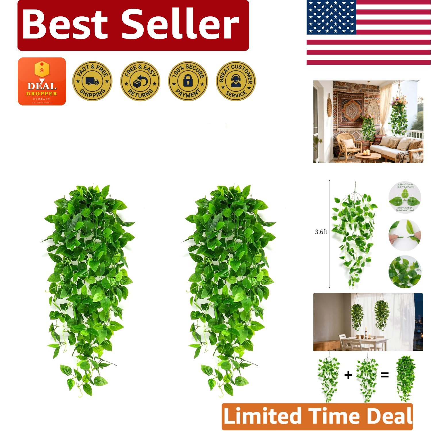 Durable Hanging Ivy Plants – 2 Pack Faux Greenery for Effortless Home Elegance