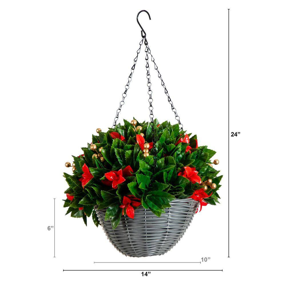 24 In. Pre-Lit UV Resistant Faux Red Tip Photinia & Gold Berries Christmas Hangi
