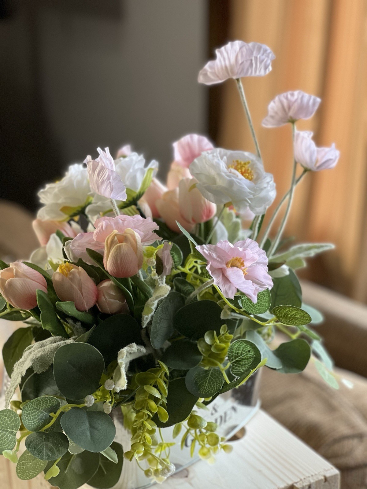 Cottagecore Silk Flower Centerpiece – Pink Tulips & White Peonies Oval Metal Tin
