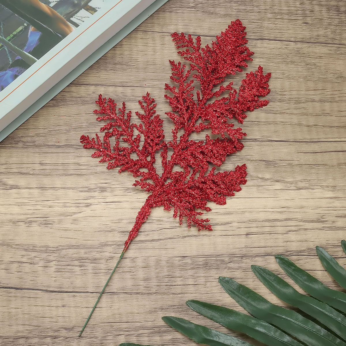 10X Pine Needles Fake Floral Christmas Glitter Fern Leaf Branch Decor Artificial