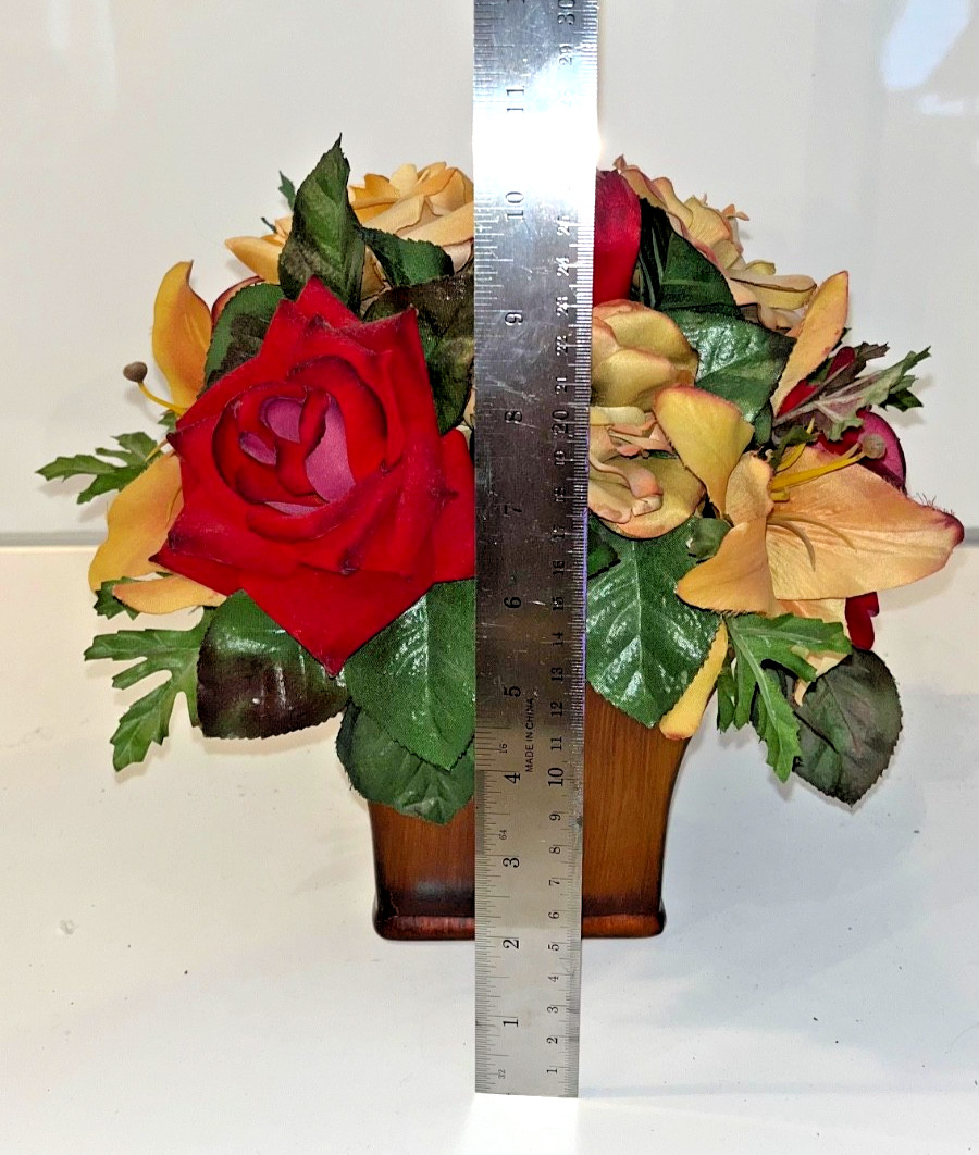 Red & Yellow Faux Flower Roses Centerpiece Beige Mahoga Brown Neutral Home Decor