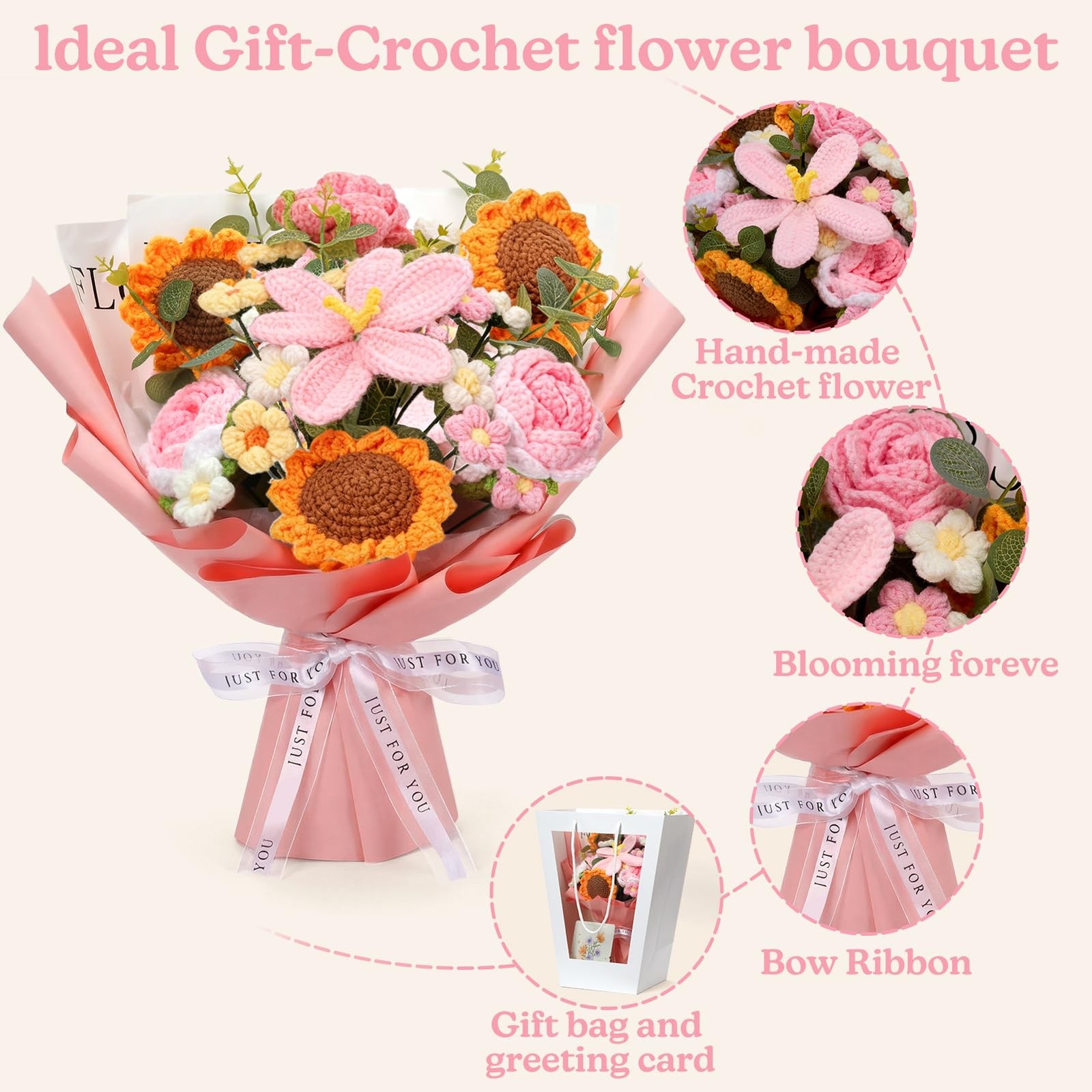Hand-Made Crocheted Flower Bouquet, 24 Flowers and 15″ Tall, Taller and Plump…