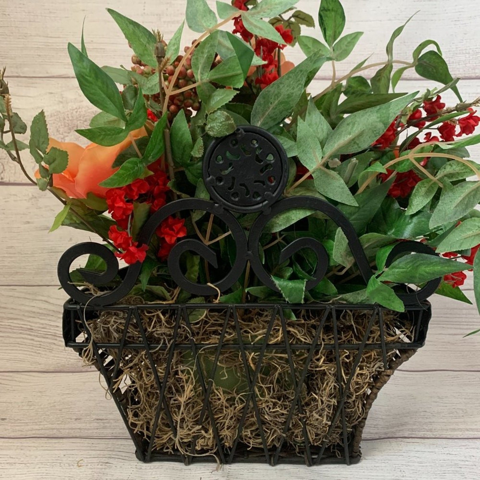 Faux Floral Arrangement Basket Wall Hanging Planter Rose Flower and Berries 15″H