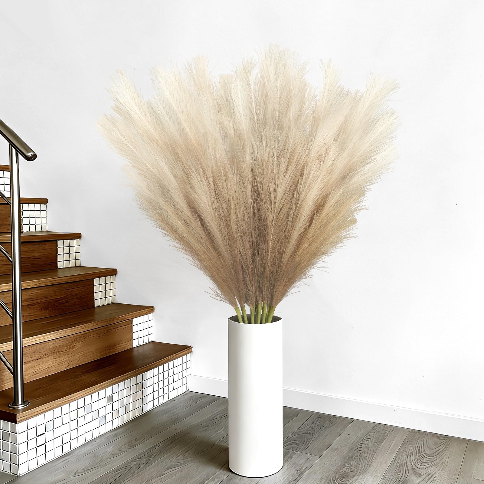 8Pcs Beige Brown Faux Pampas Grass Tall Decor, 35.4” Fluffy Artificial Pompou…