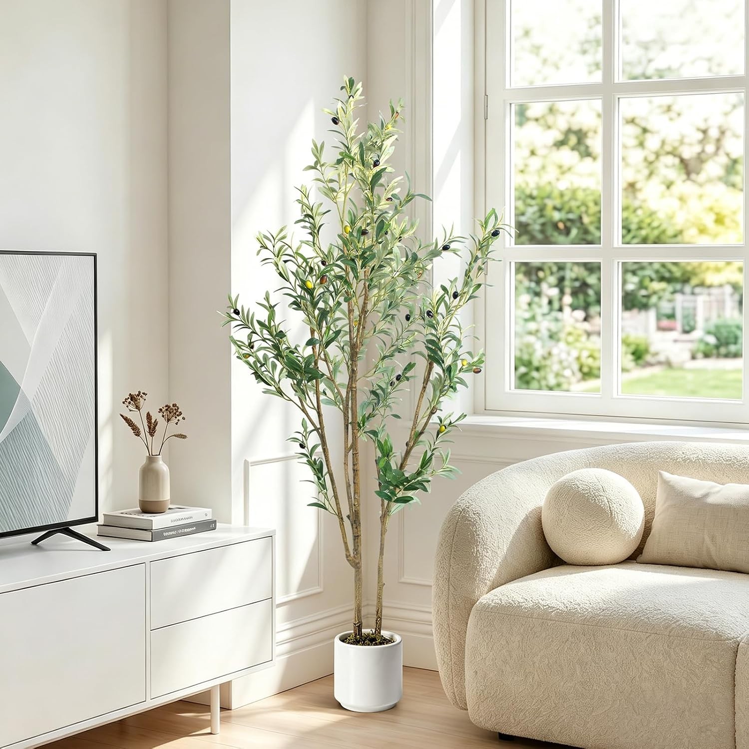 Olive Trees Artificial Indoor,Fake Olive Tree 6FT Tall 1Pack with White Planter,