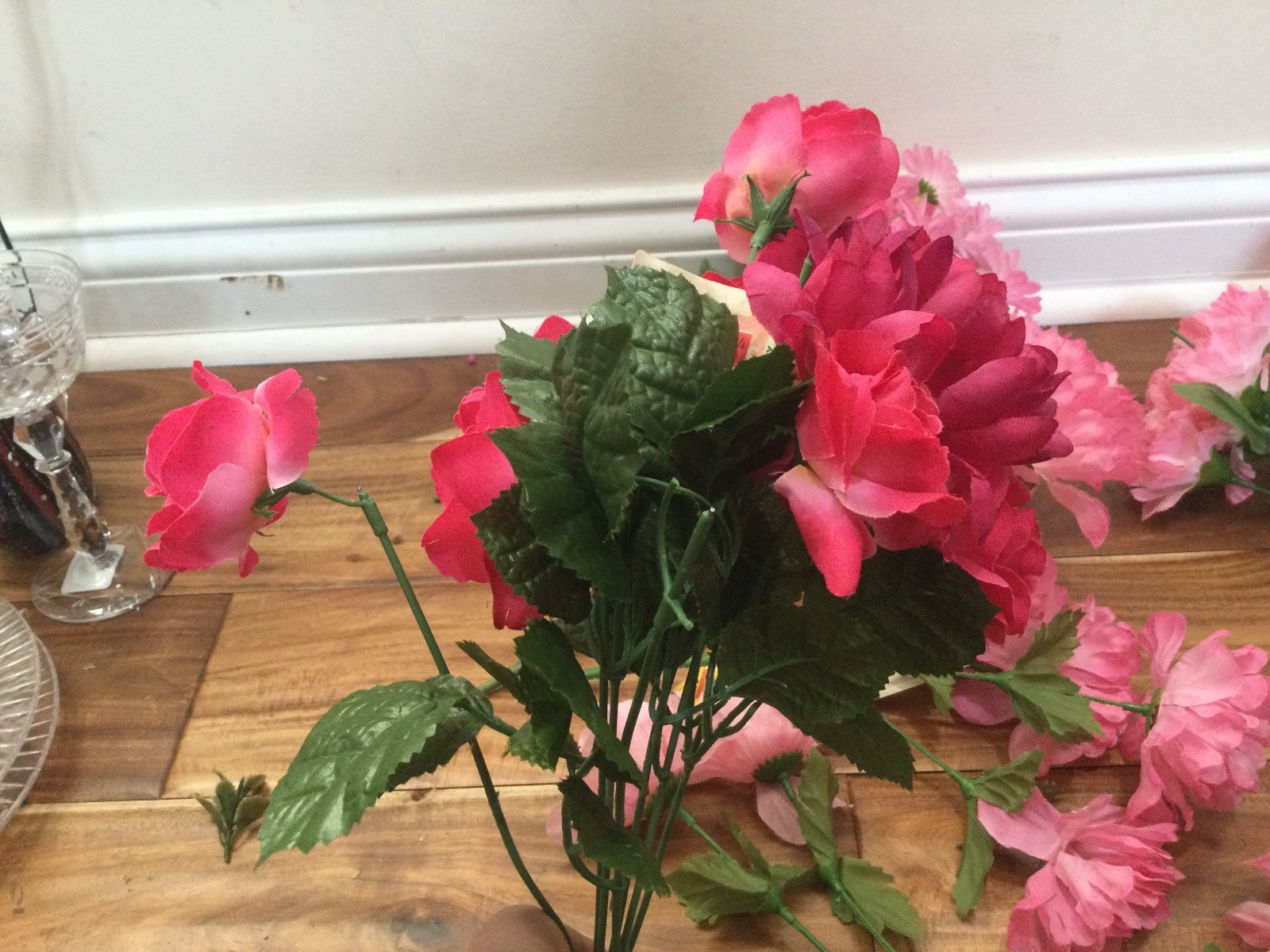 Garden Pink Silk Floral Arrangement in a Woven Basket carnations roses daisy