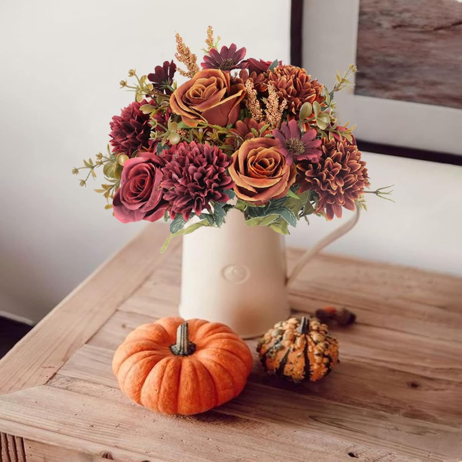 2 Bundles Artificial Fall Flowers 2 Colors Fake Roses Silk Bouquets with Hydr…