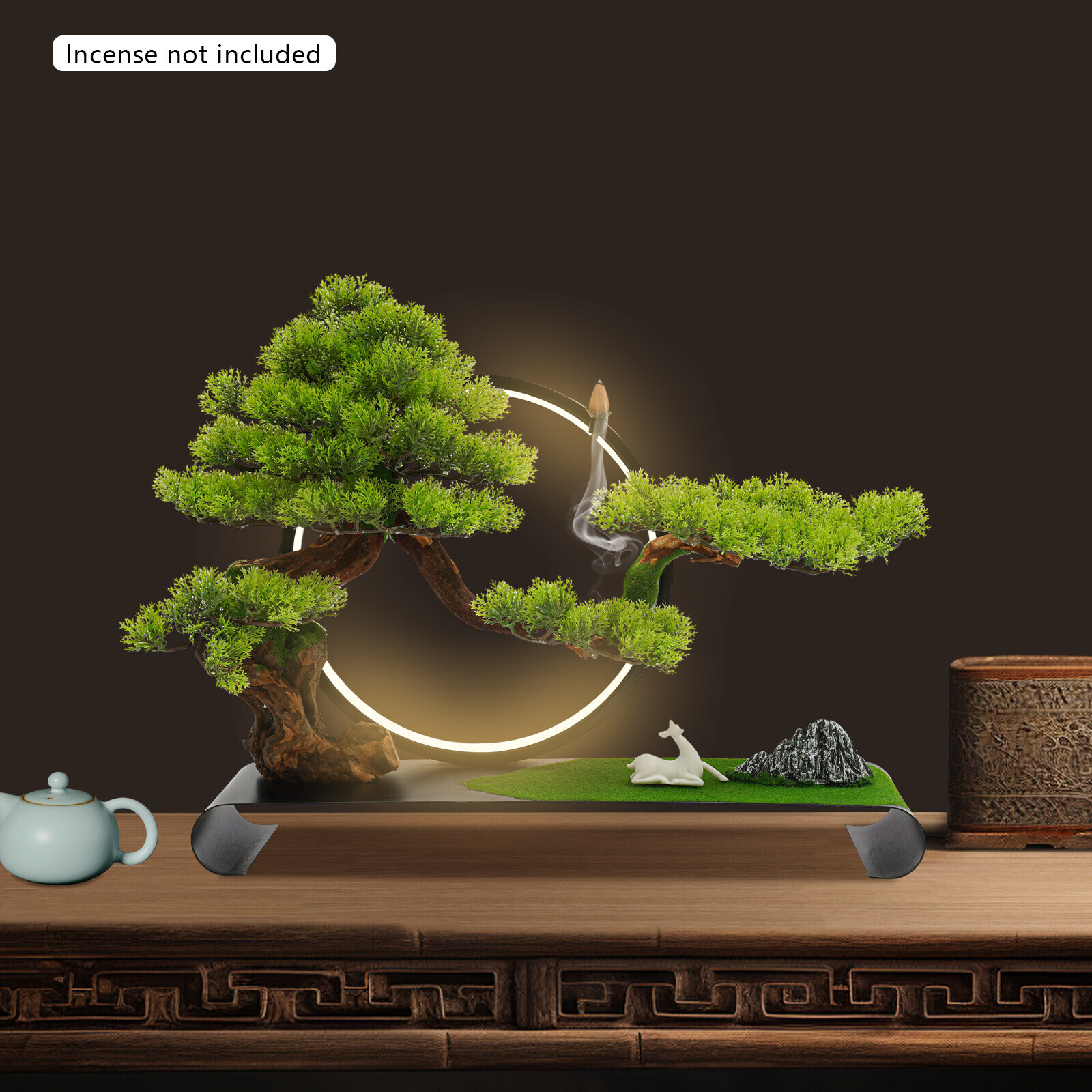 Zen Artificial Pine Tree with Lamp Rings Decoration for Backflow Incense 110V