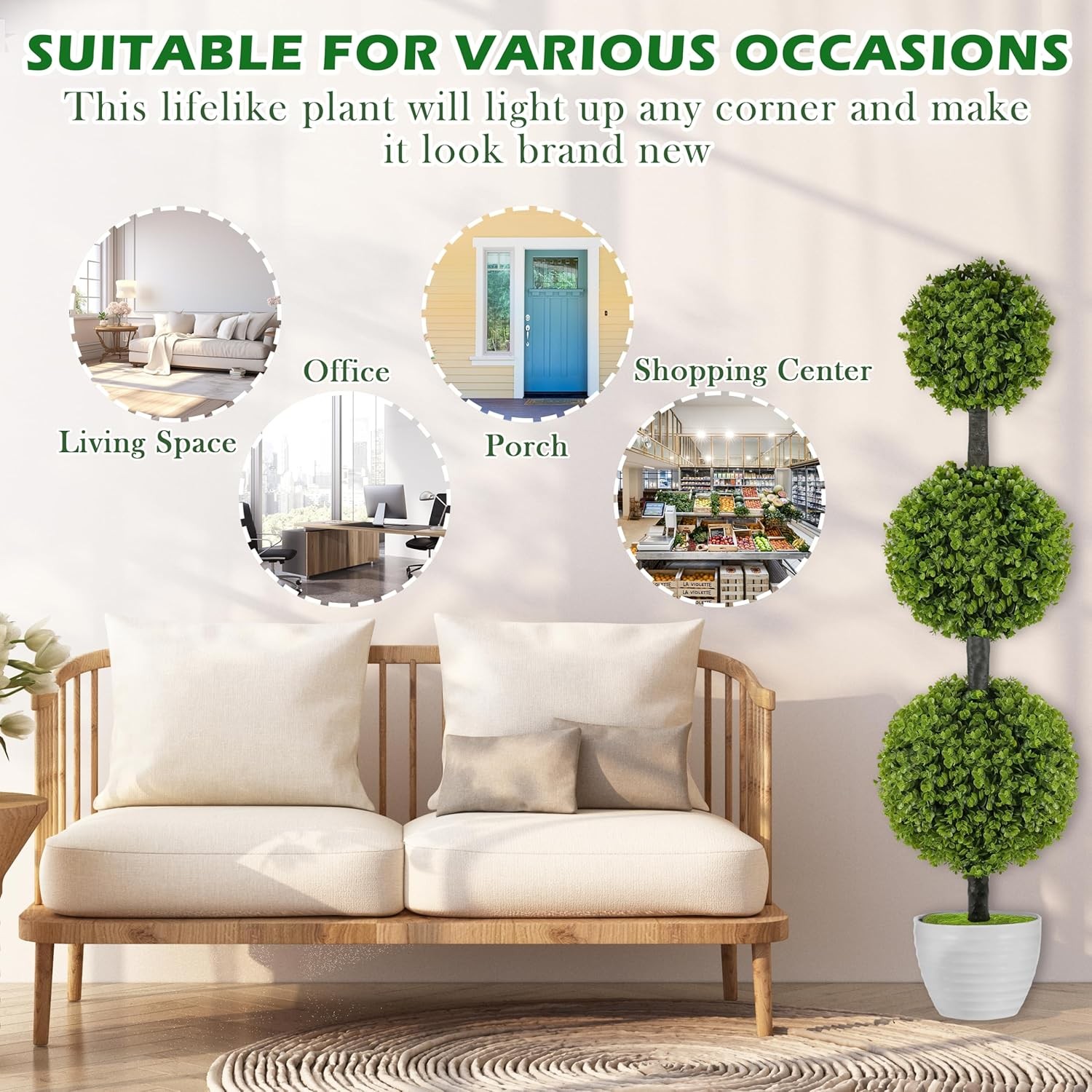 2 Pack Artificial Topiary Ball Tree 4FT Set of 2 Faux Triple Balls Tree in Pot