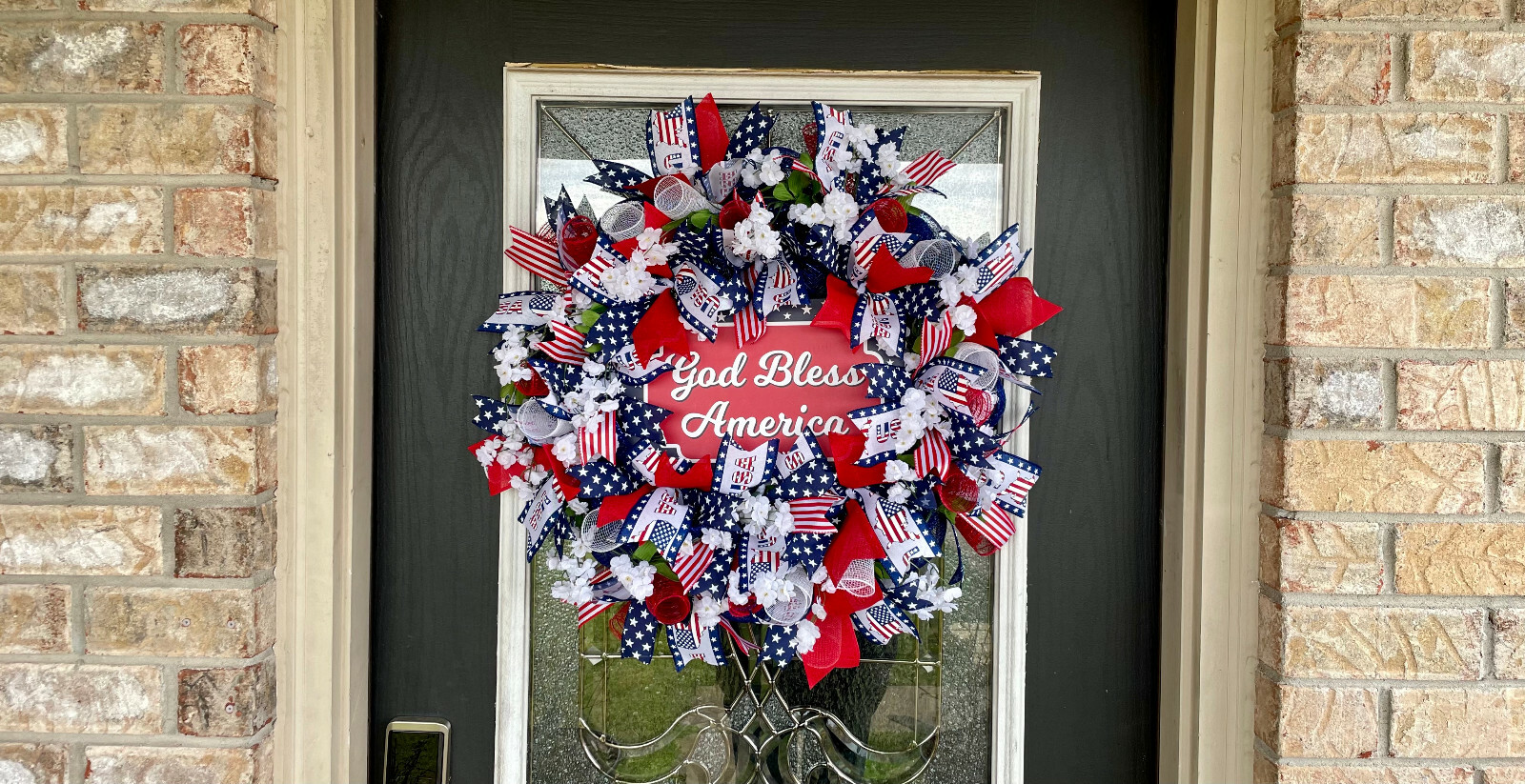Patriotic USA God Bless America Floral 4th of July Deco Mesh Front Door Wreath