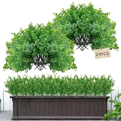 24 Bundles Faux Eucalyptus & Boxwood Plants – Artificial Greenery for Outdoor De
