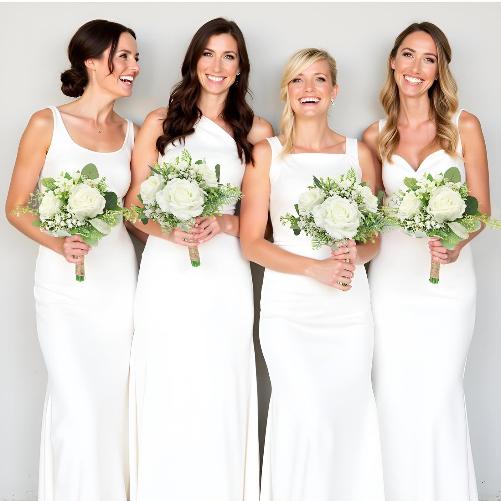 Bridesmaids Bouquets Set of 6 Ivory White Artificial Flowers 7 Inch Bridesmai…