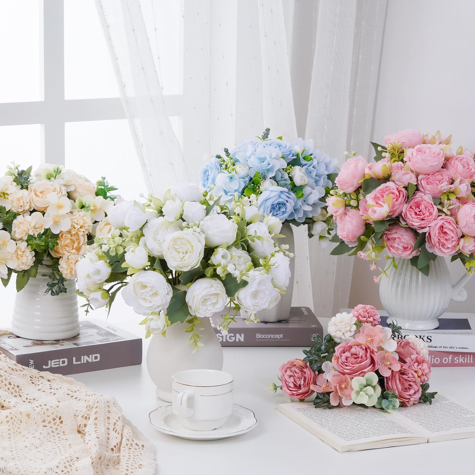 4 Packs Peonies Artificial Flowers, Light Pink Artificial Peonies, Silk Peoni…
