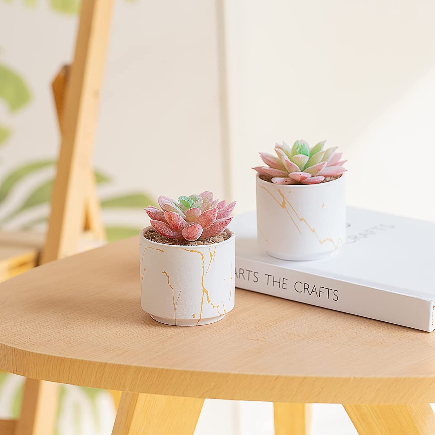 Faux Succulents Set Of 2, White Ceramic Pot Plants For Office Decor, White