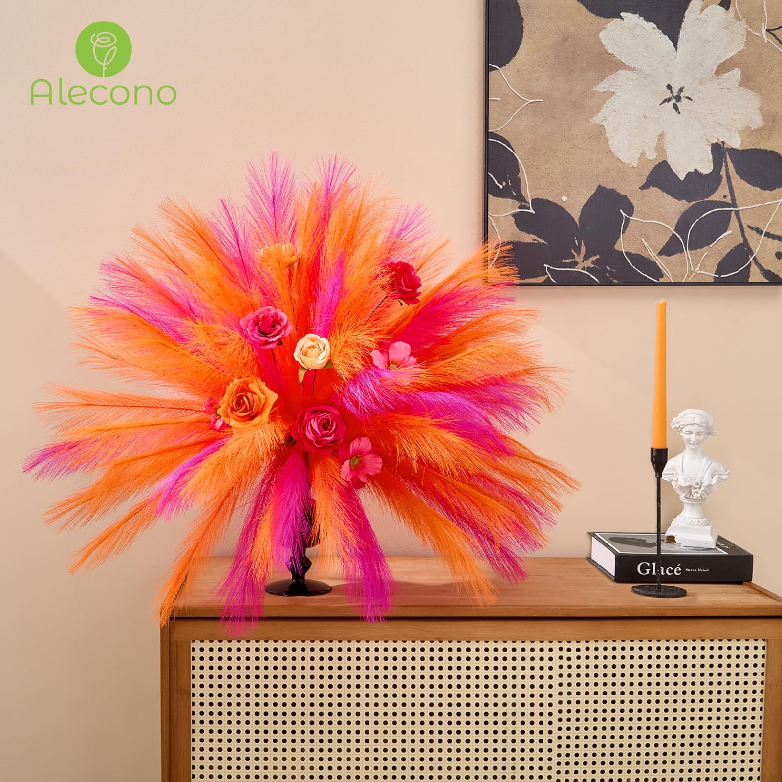 Pampas Grass 17in 𝟯𝟬𝙋𝙘𝙨, Orange and Hot Pink Artificial Faux Fluffy Pamp…