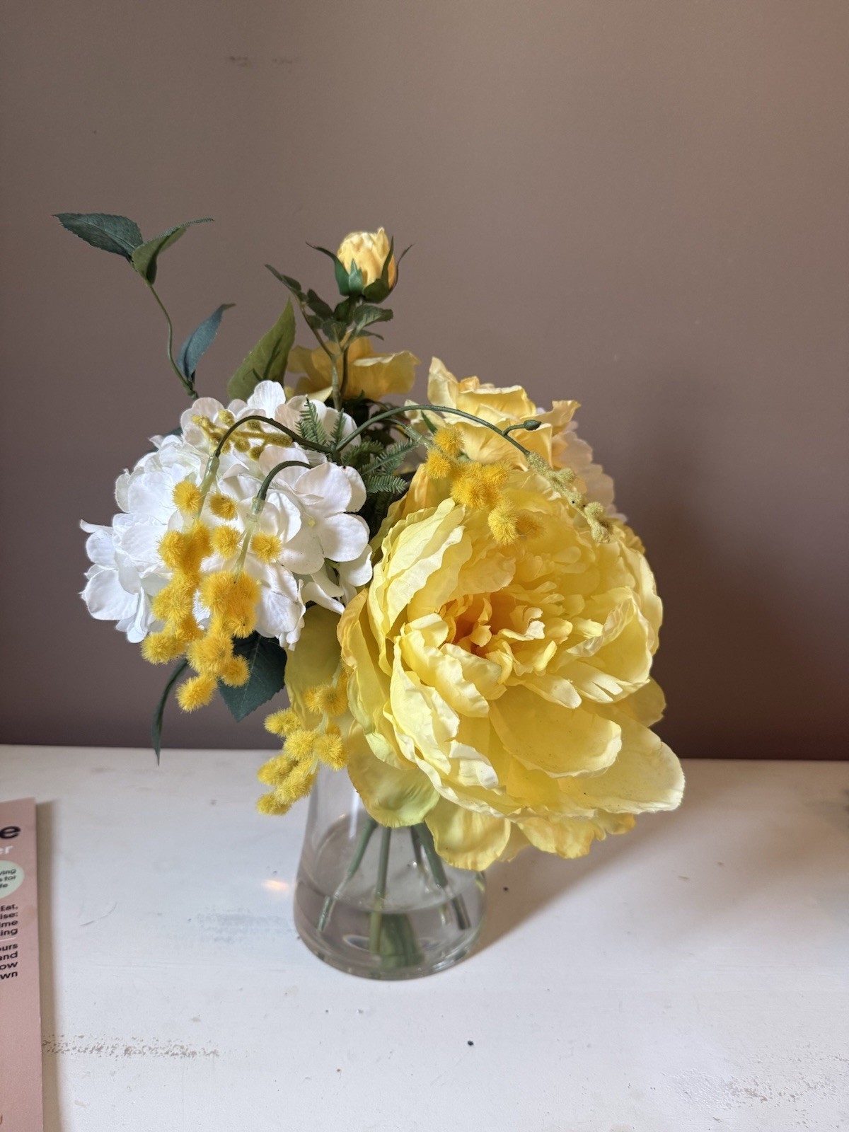 Artificial Rose Arrangement Yellow White Green in Glass Vase