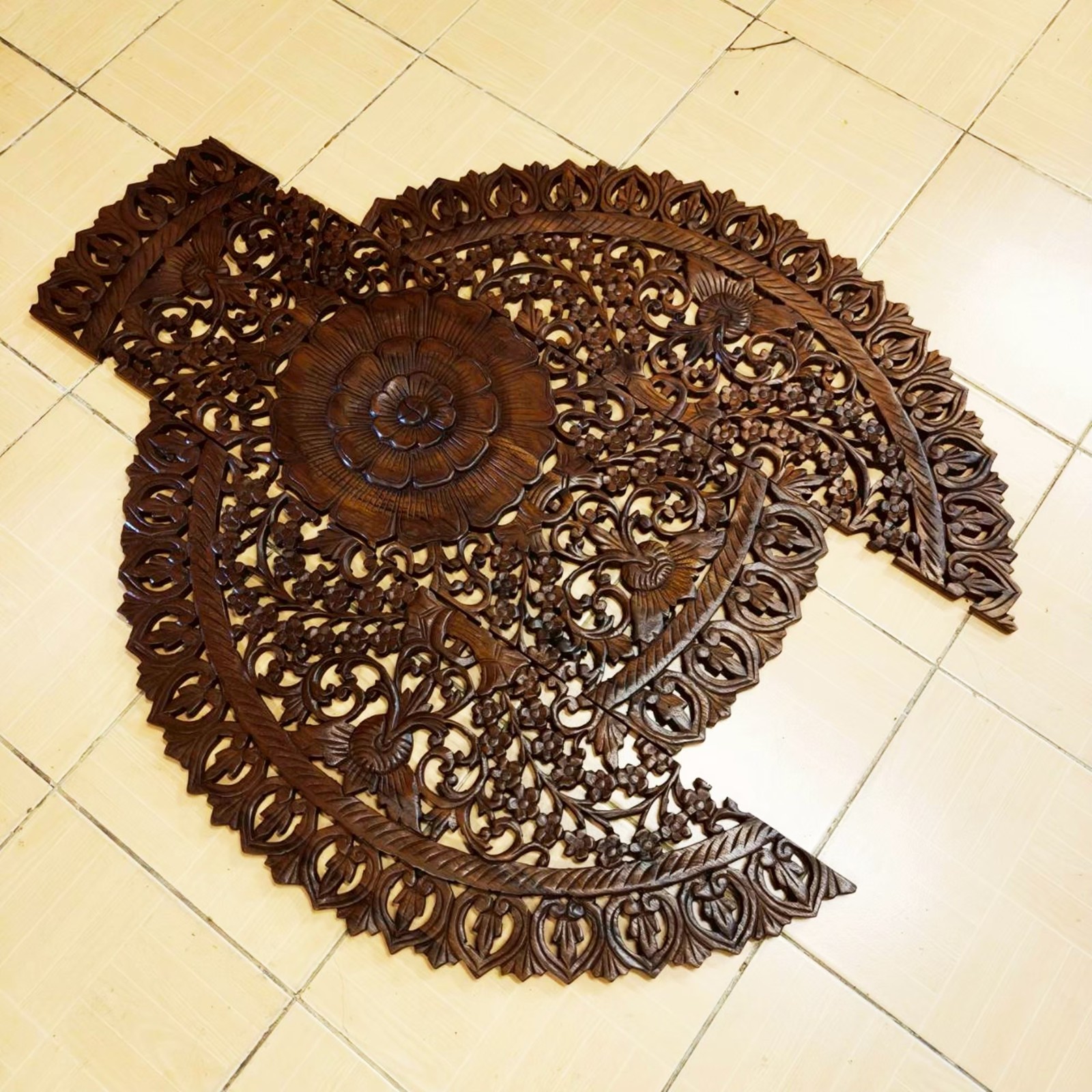 Round Floral Mandala Wood Carving Panel 90 cm, 3-Piece Set