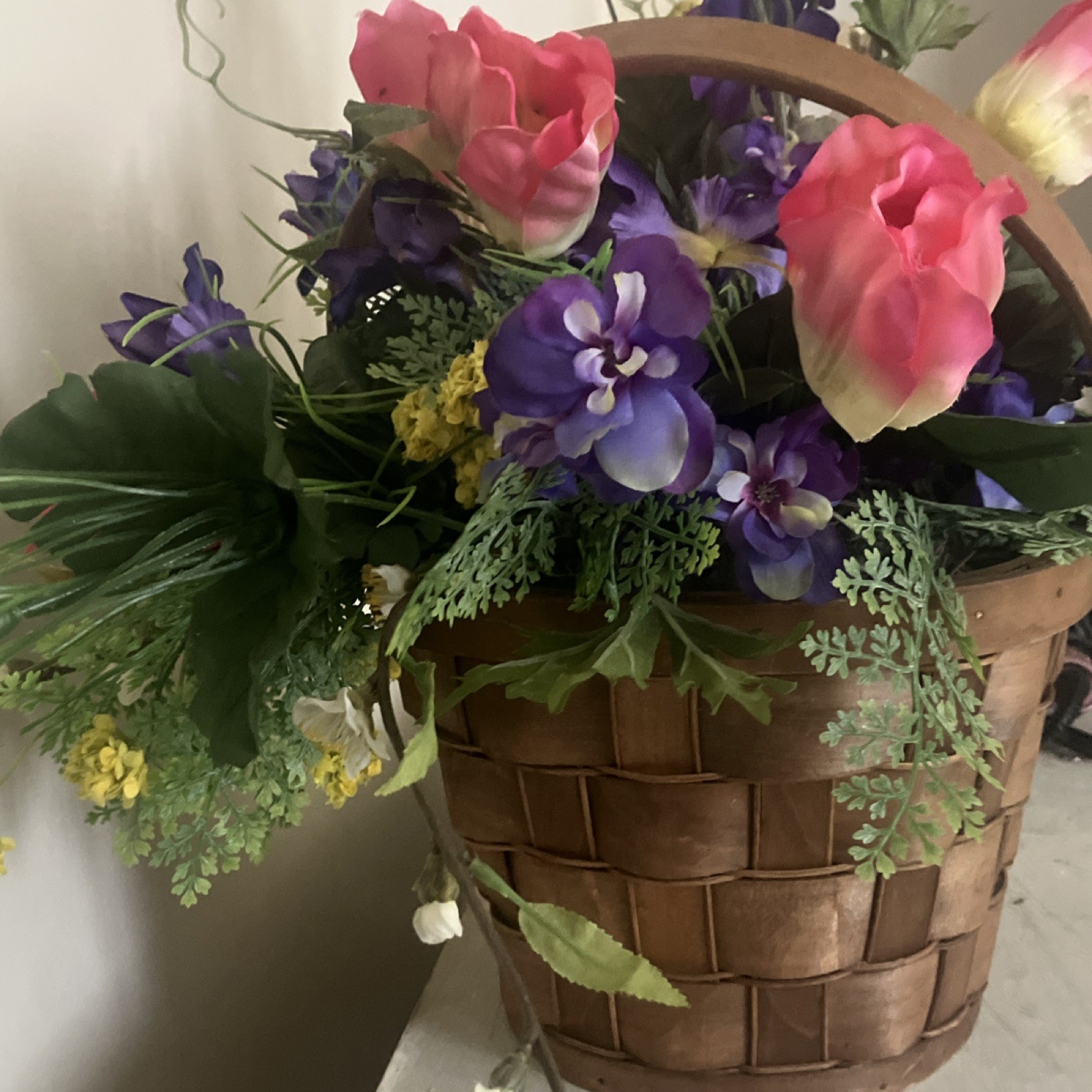 Artificial Tulip Flower Basket Arrangement Pink Purple Green Yellow