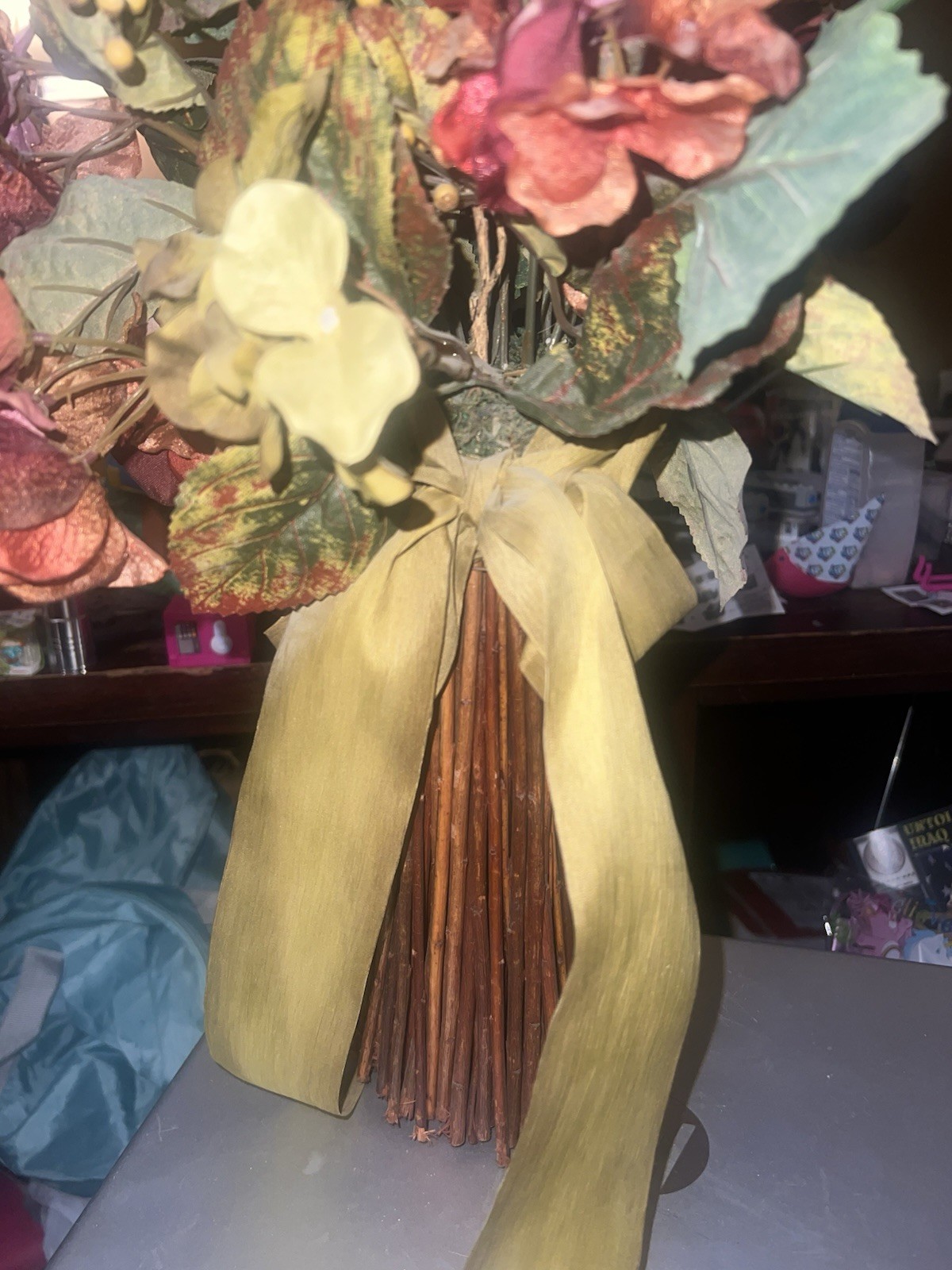 Artificial Hydrangea Bouquet w/Stick Style Vase, Mix Of Cream, Burgundy, & Green