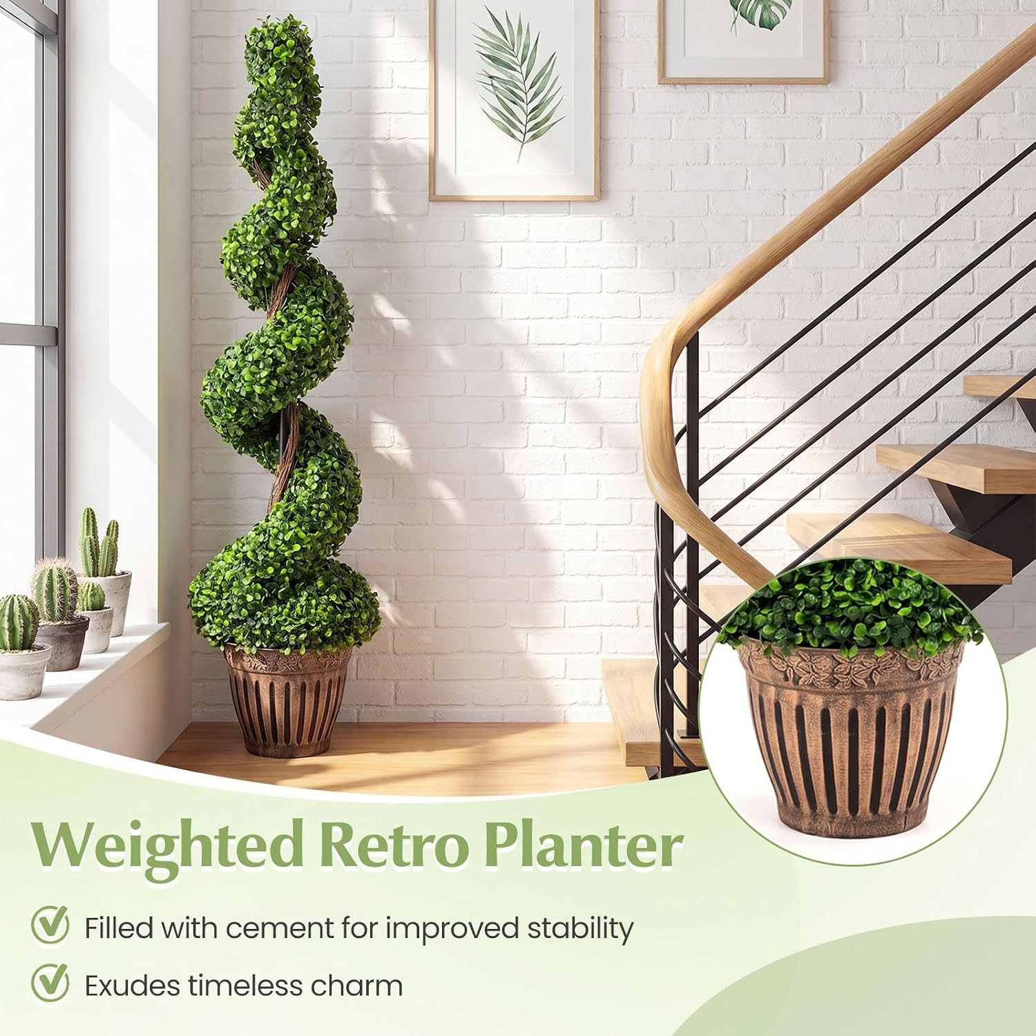 4 Ft Artificial Boxwood Spiral Topiary Tree, Fake Greenery Plants, Leaves & Ceme