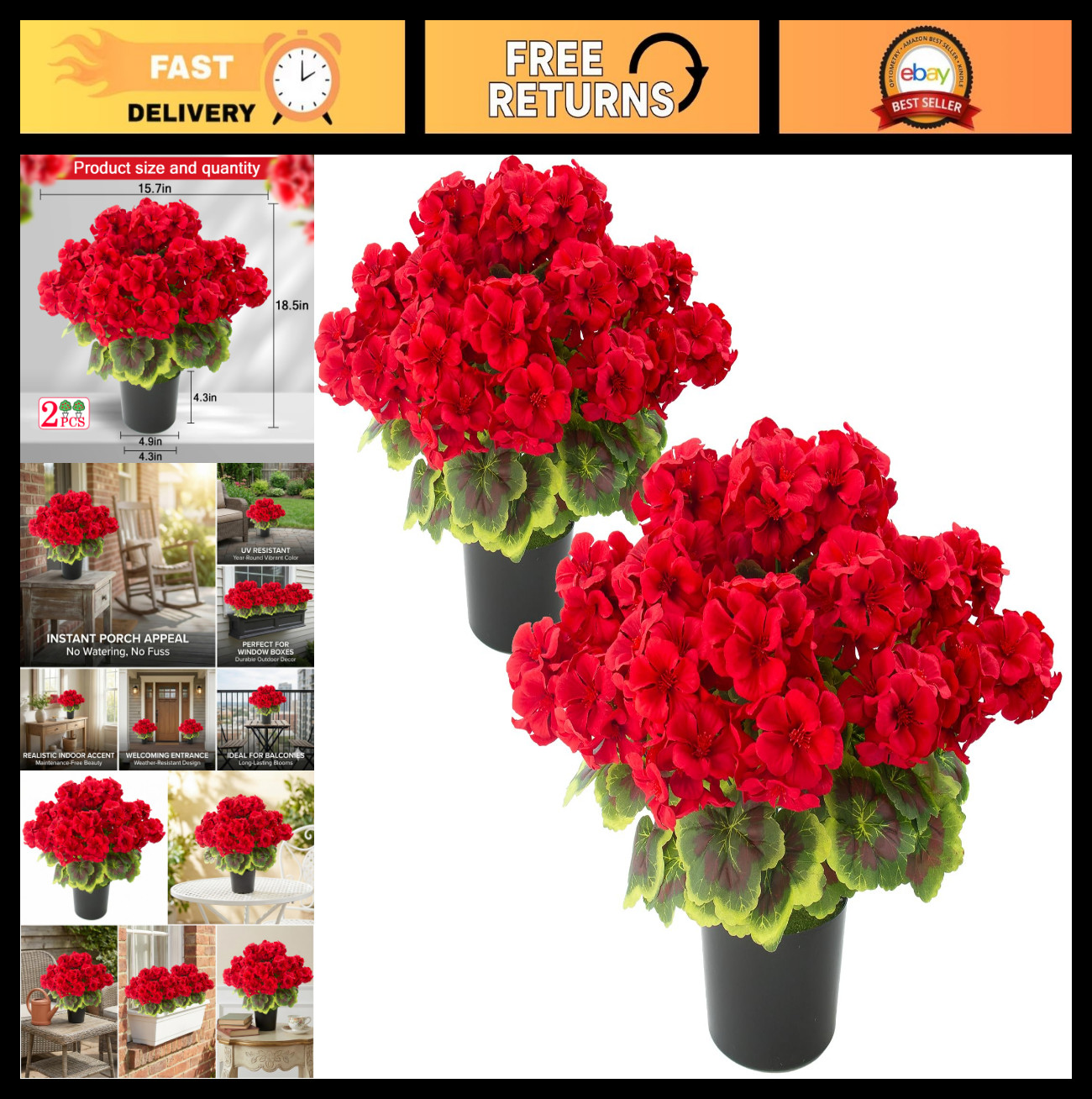 2 Pcs 19″ UV Resistant Fake Geraniums – Silk Potted Plants for Home, Office, Gar