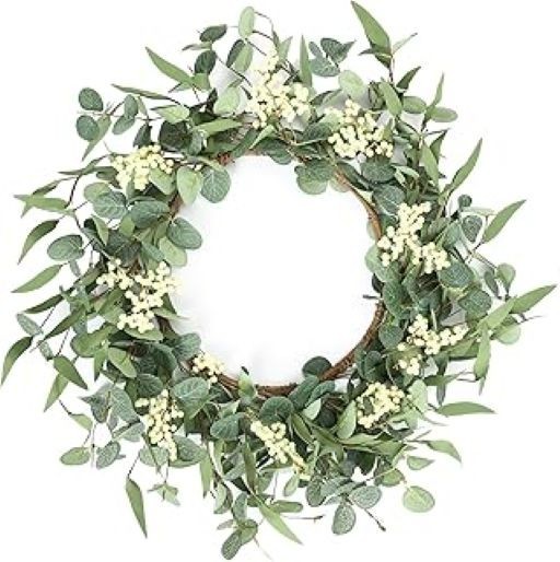 Pinkpum 20-Inch artificial Eucalyptus and White Berry Wreath Indoor-Outdoor