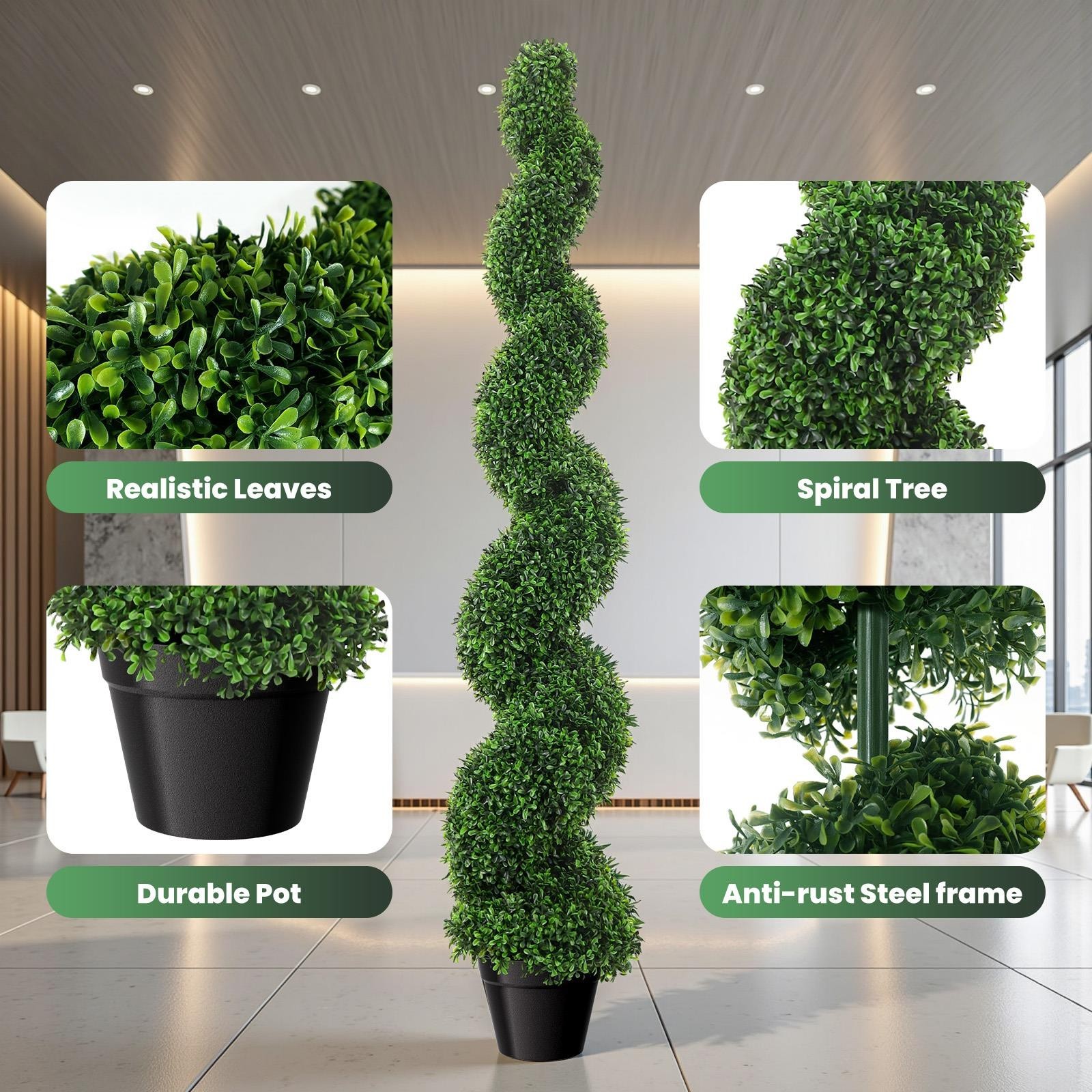 2 Pcs 5FT Artificial Boxwood Spiral Topiary Trees PE Faux Topiary Trees