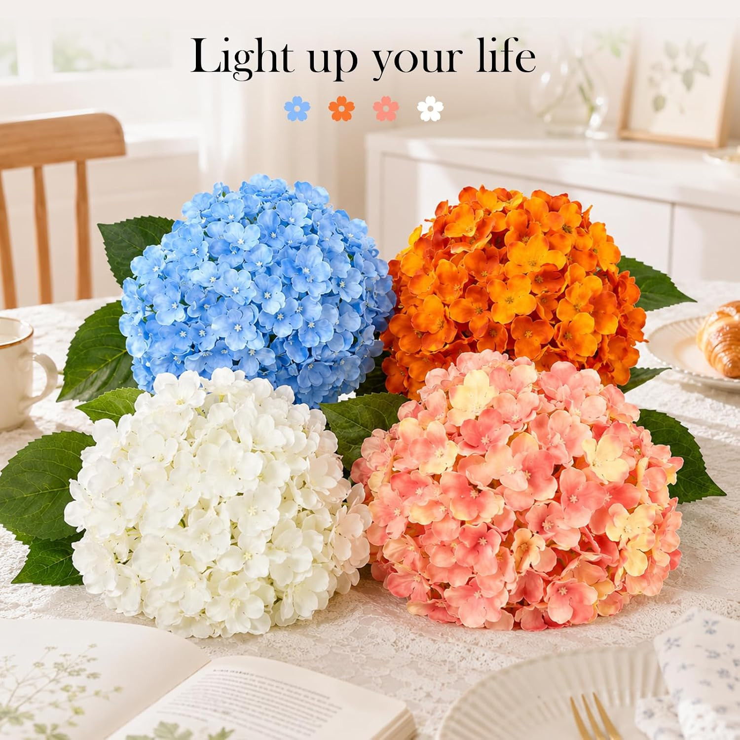 8Pcs UV Resistant White Hydrangea Faux Flowers for Home & Garden Decor