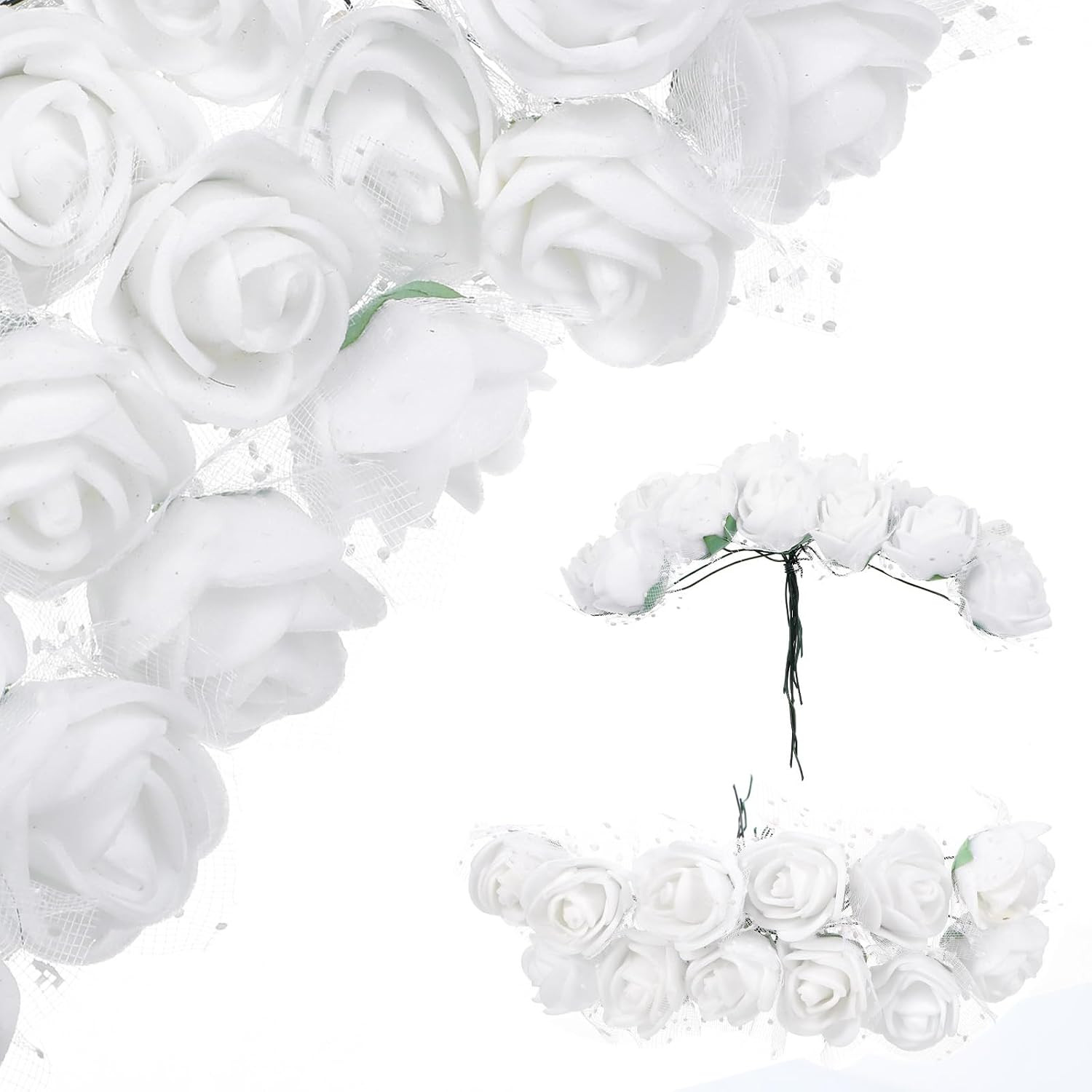 144Pcs Mini Artificial Rose Flower Heads and Soft Stem Small White Flowers wi…