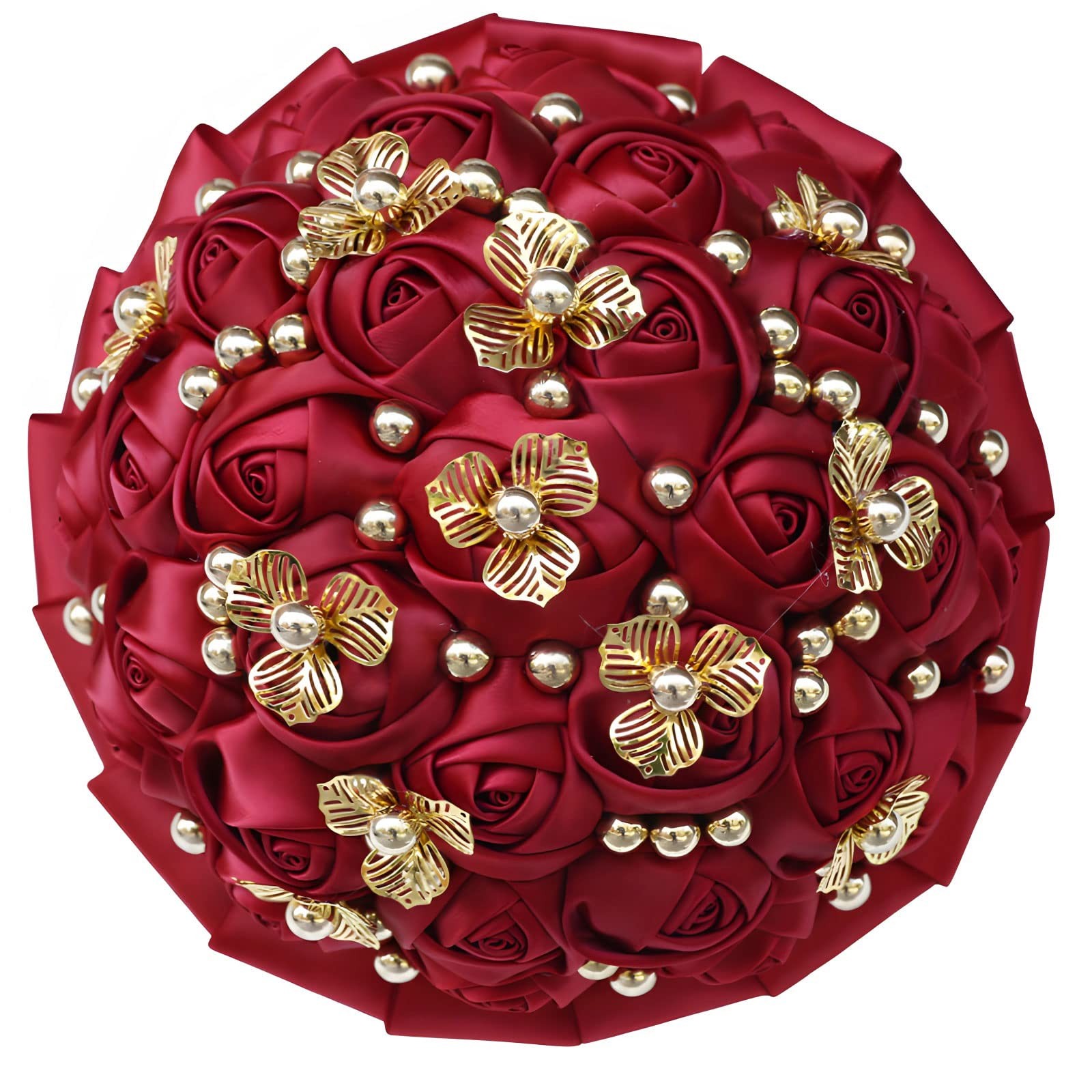 7 Inch Burgundy Wedding Bouquet Satin Flower Bridal Holding Brooch Toss