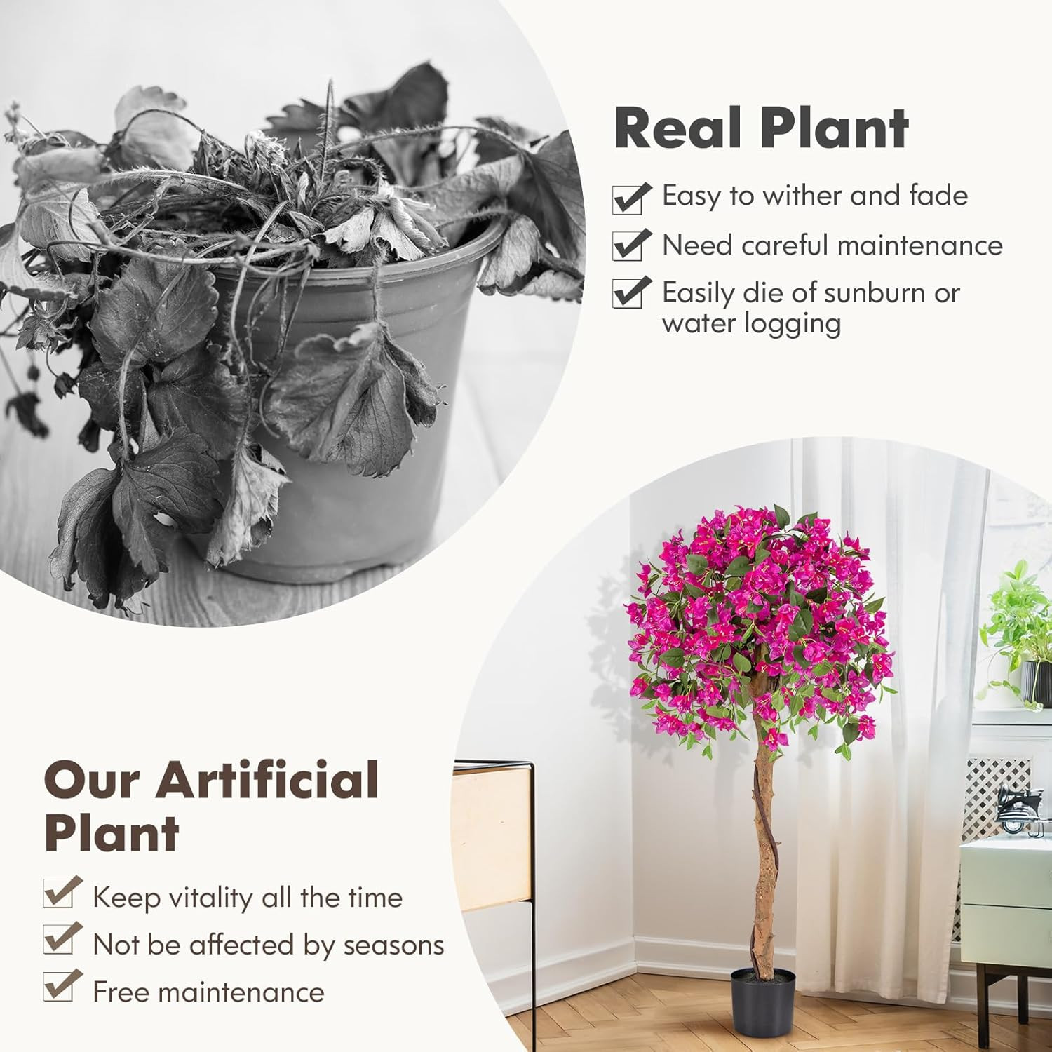 53” Bougainvillea Artificial Tree – 2 Pack Faux Silk Flower Plants