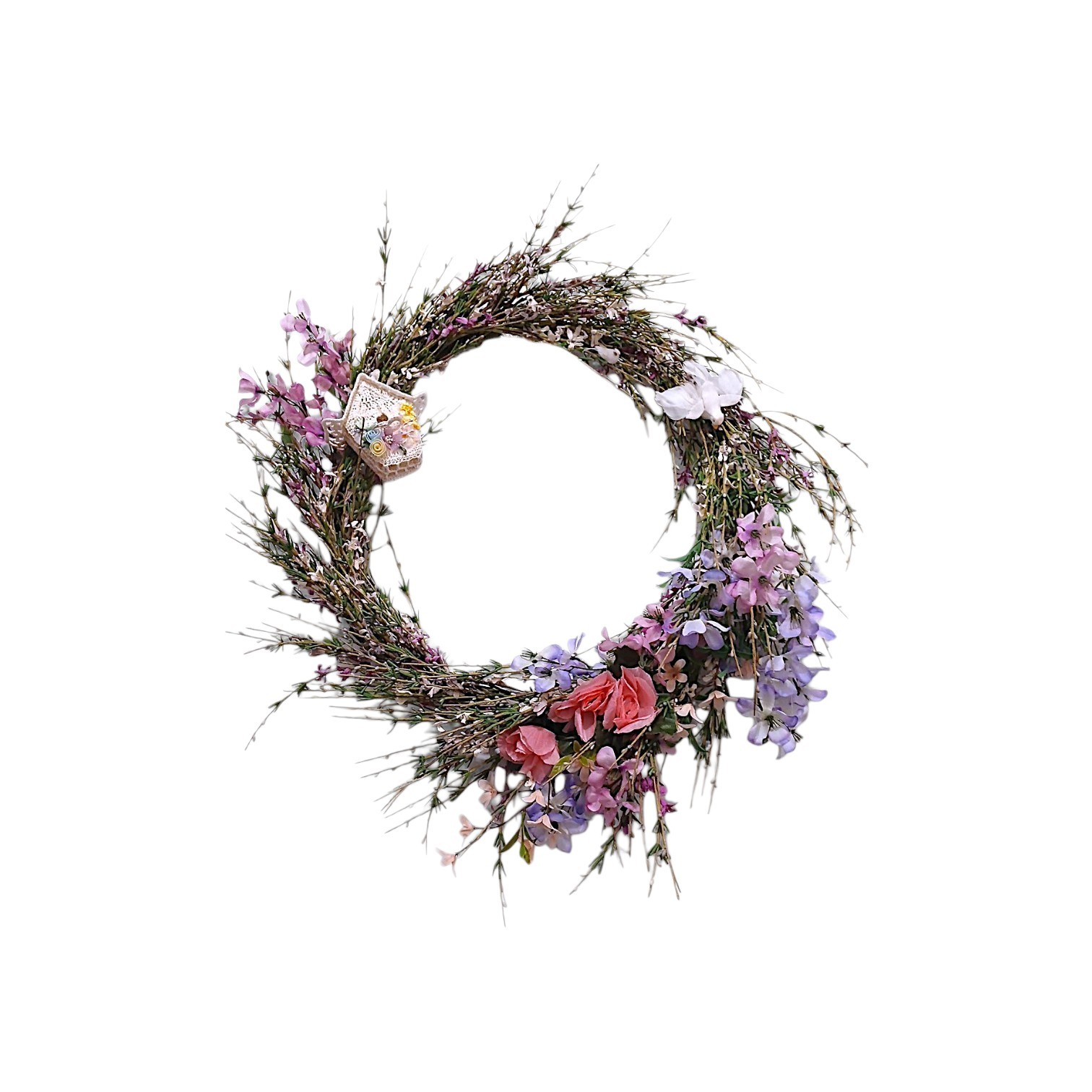 Spring Summer Door Wreath 18″ Field of Flowers Crochet Feather Bird House Wall