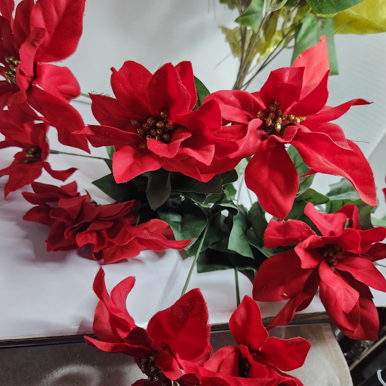 Artificial Poinsettia Flower Lot Red Christmas Holiday Floral Decor Mixed Stems